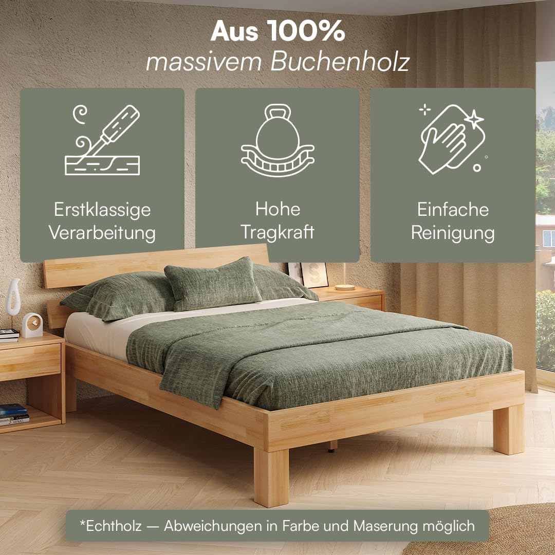 skølm Floki Massivholzbett 140x200 cm aus Buche - hochwertiges Bettgestell - Bettrahmen mit Bettkopf - Holzbett in Natur geölt - Bett 140x200 cm geeignet als Doppelbett - Futonbett