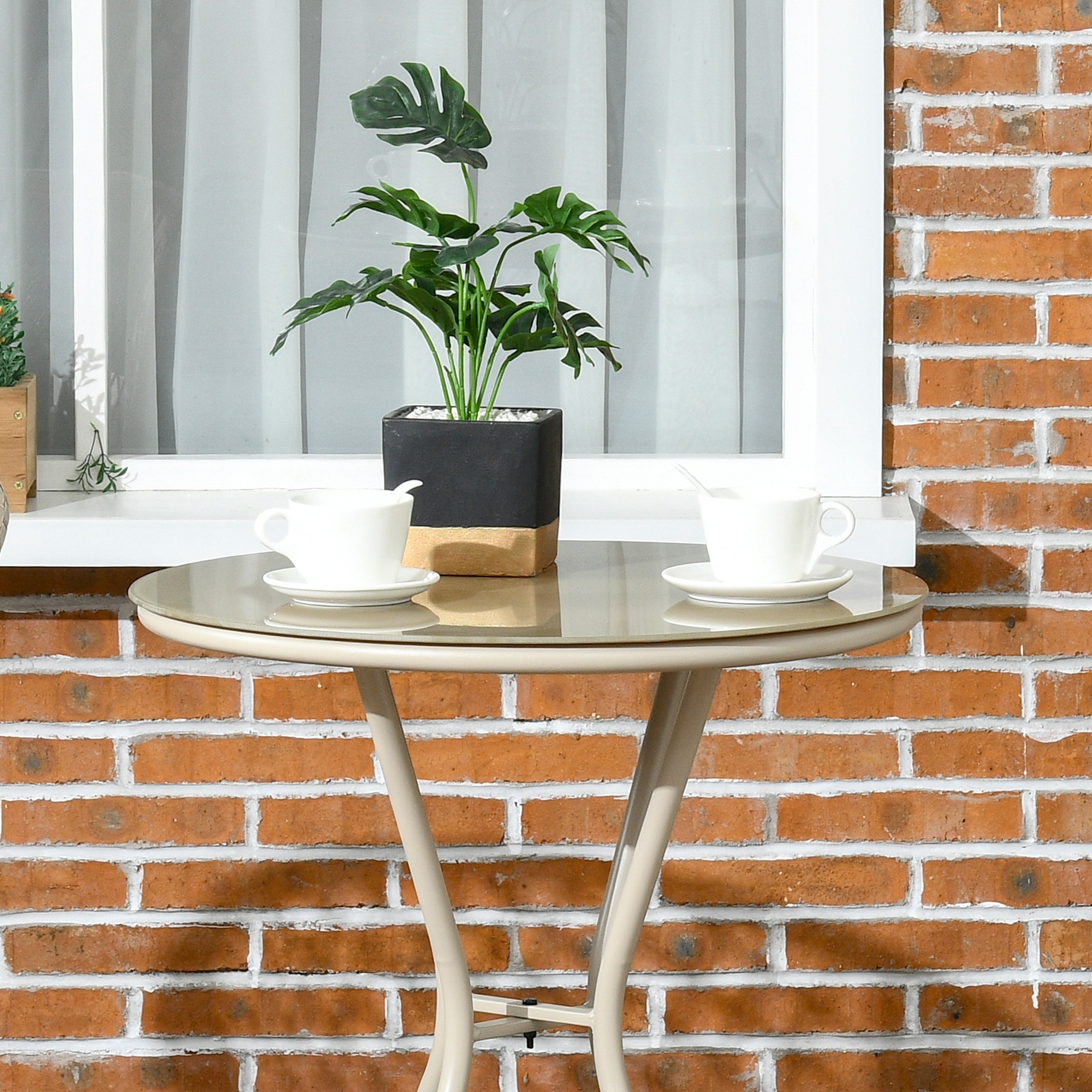Rattan Tuinmeubelset, 2 Stoelen en Tafel, Gehard Glas Tafelblad, PE Rattan, Zitkussens, Metalen Frame, Khaki