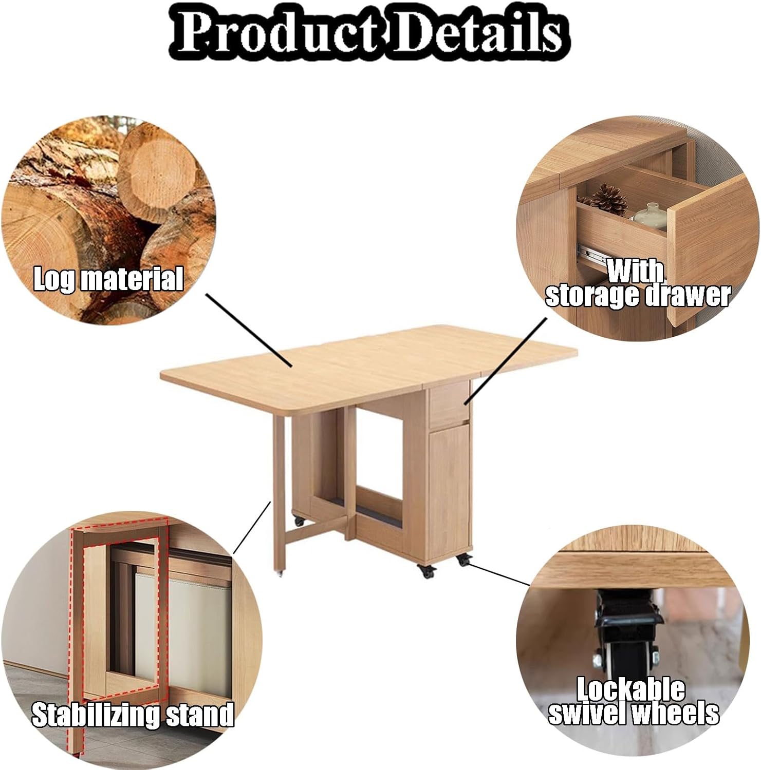 Zusammenklappbares Esstisch-Set, ausziehbarer Esstisch aus Holz mit Stauraum und Rollen, platzsparend, multifunktional, faltbar, Küchentische für kompakte Wohnung, Zuhause, Esszimmer