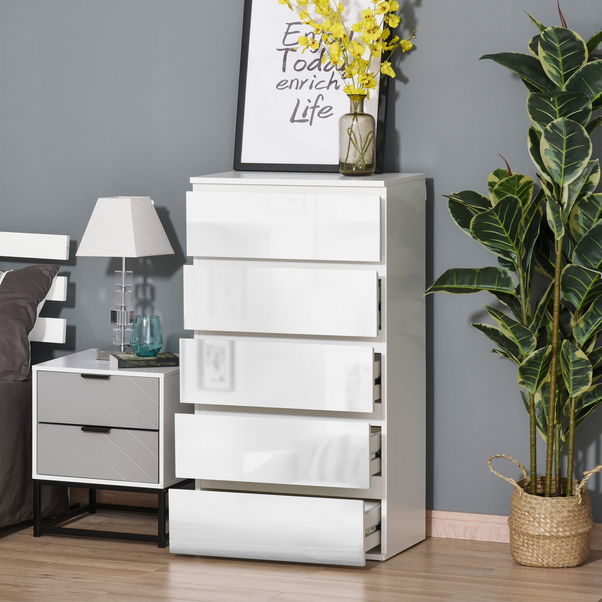 Ladekast Sideboard met 5 Laden, 55 cm x 34 cm x 100 cm, Wit