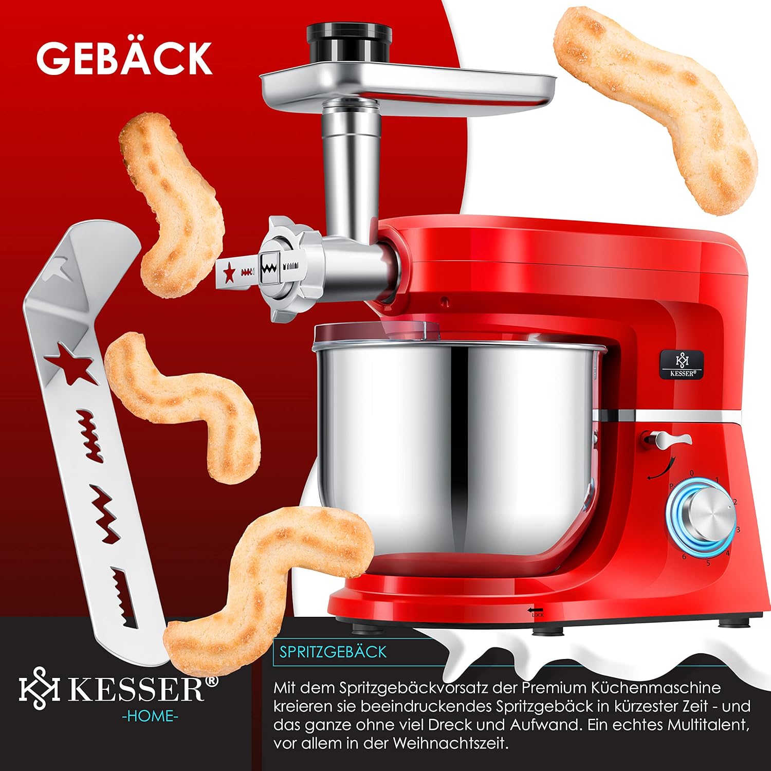 KESSER® 3 in 1 Universal Küchenmaschine K-KM 3000 mit Fleischwolf Knetmaschine Multifunktionale Rührmaschine 5,5L Schüssel mit 3 Rührwerkzeuge, 1,5L Entsafter, Zubehör-Set, Pasta & Gebäckformen