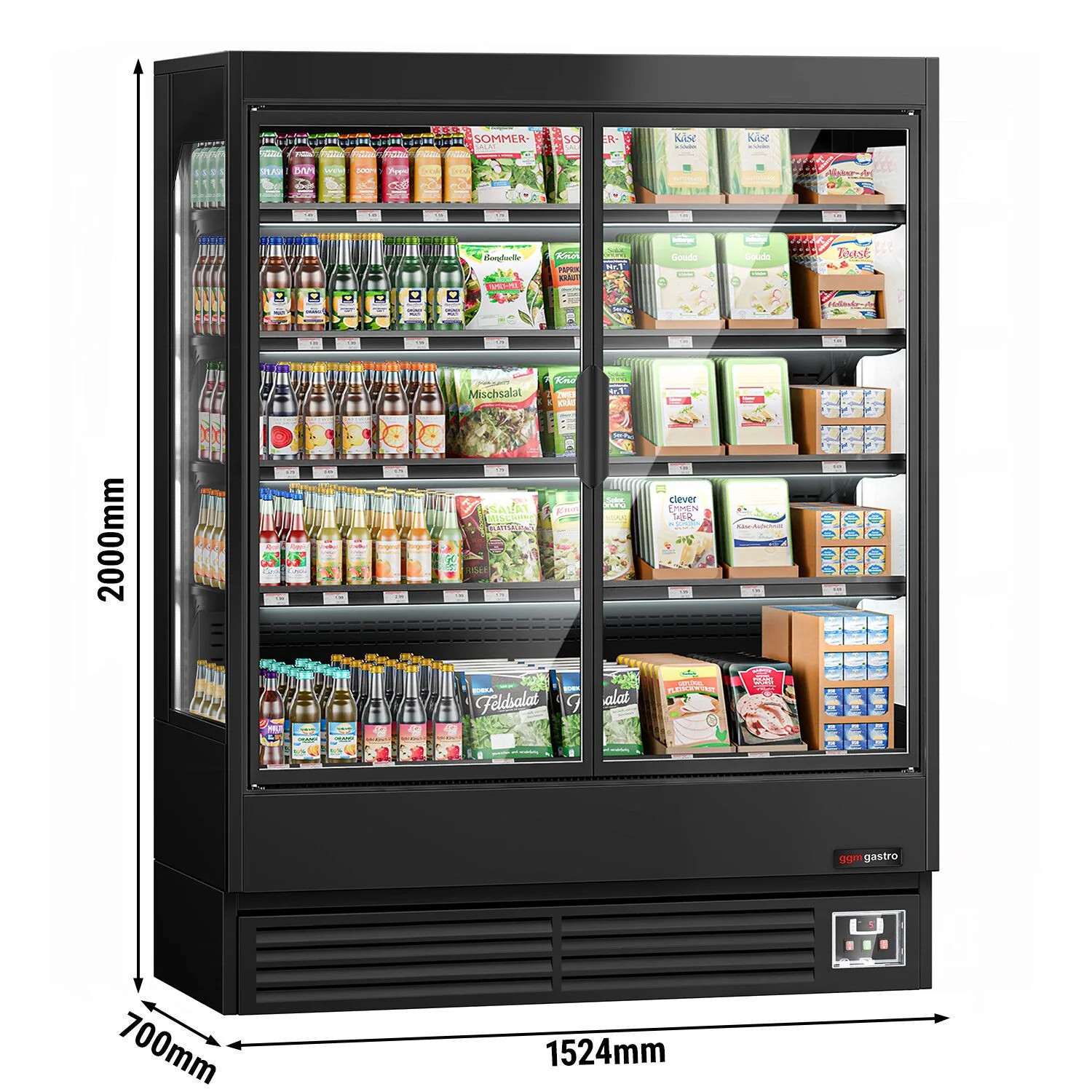 Kjølereol - 1524 mm - 693 l - -1 °C til +5 °C - med 2 hengslede glassdører, med dobbelt isolerglass & 4 hyller - svart