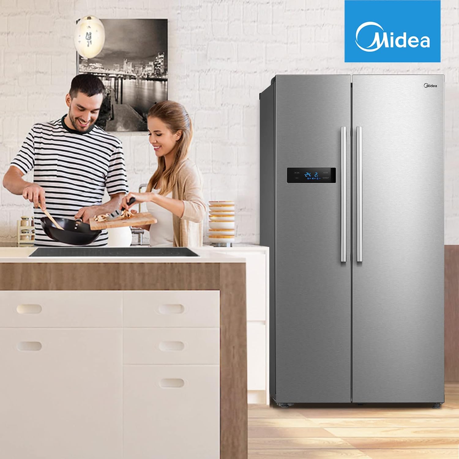 Midea Side-by-Side Kühl-Gefrierkombination 532 L mit Indoor Ice Bar | No Frost, Inverter Kompressor, 256 kWh/Jahr | Twin Control & SuperCool | 176,5 cm hoch | MERS530FGD02
