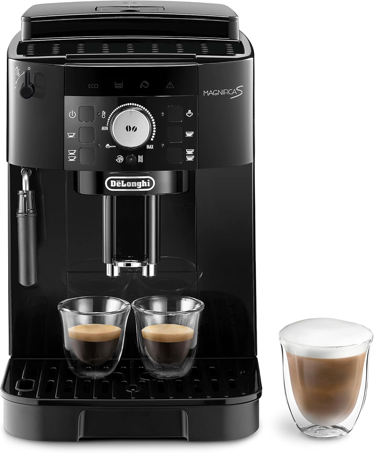 De'Longhi Magnifica S ECAM 22.110.B Kaffeevollautomat mit Milchaufschäumdüse für Cappuccino, mit Espresso Direktwahltasten und Drehregler, 2-Tassen-Funktion, 1,8 Liter Wassertank, Schwarz/Silber