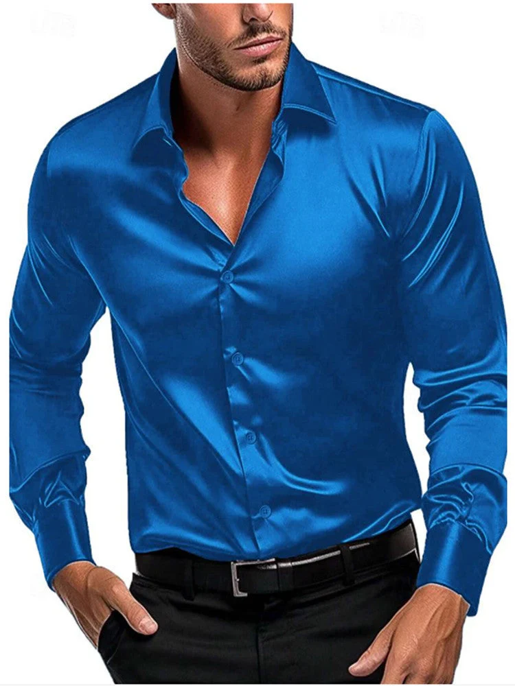 Slim Fit Herrenhemd aus gl?nzendem Satin | Langarm Businesshemd mit klassischem Kragen f��r festliche Anl?sse und B��ro