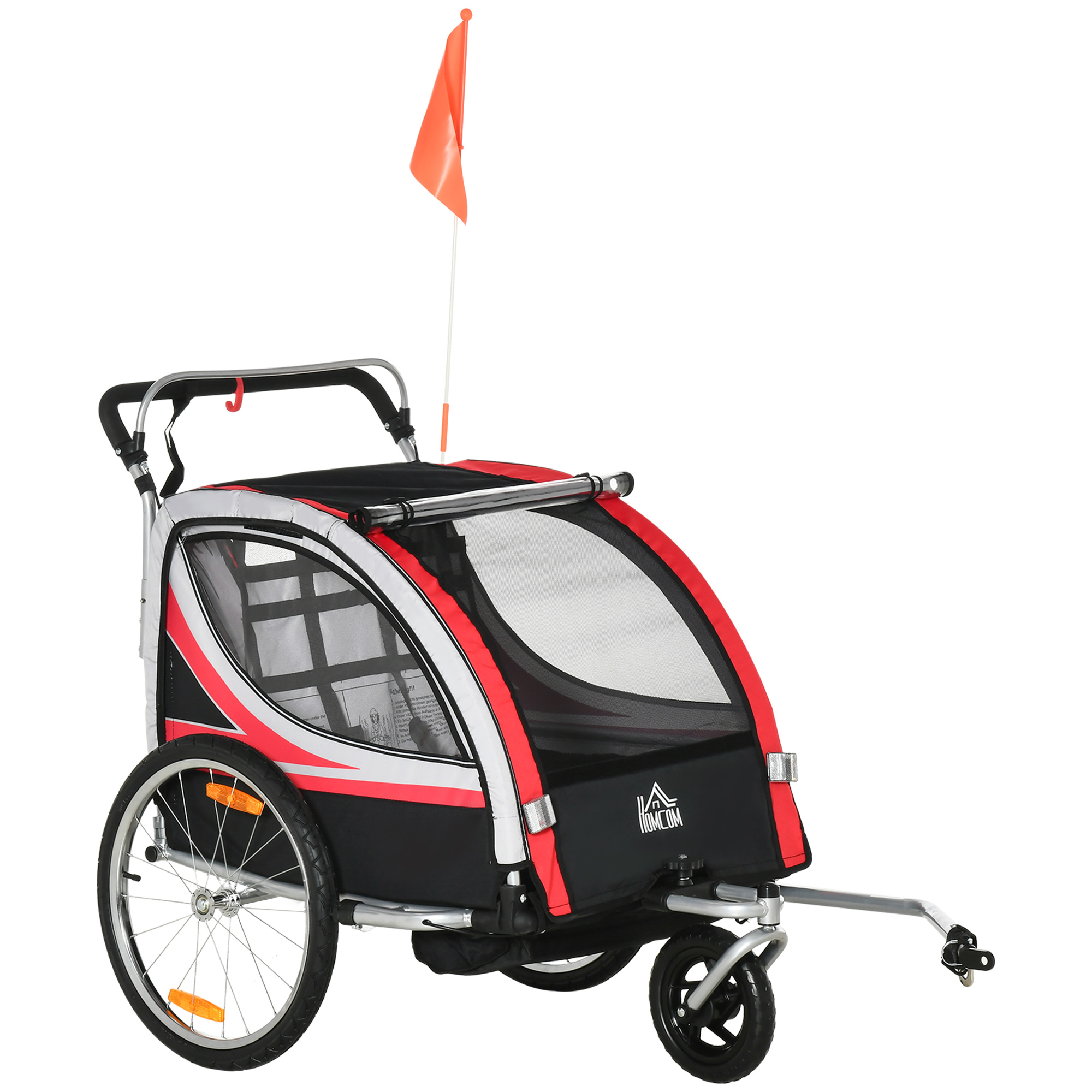 2 in 1 kinderfietskar, kinderkar met vering, rood + zwart