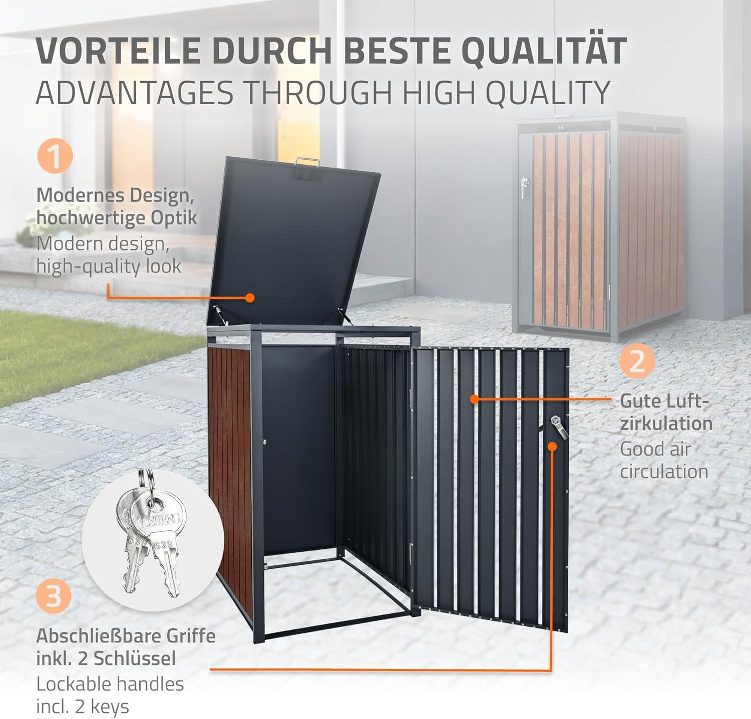 ML-Design Mülltonnenbox 3er 3 Tonnen 240L 200x80x116,3cm Anthrazit-Rostoptik, Stahl/Cortenstahl, Abschließbare Mülltonnenverkleidung Klappdeckel/3 Türen, Müllbox Mülltonnecontainer Mülltonnenabdeckung