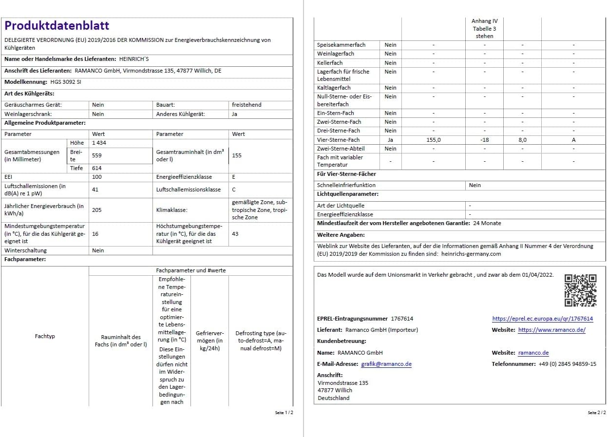 Heinrich´s Gefrierschrank Temperatur:-14°C~-24°C, Freezer, No-Frost Schutz, Gefrierschubladen + Gefrierfach, LED-Display,Airflow, wechselbarer Türanschlag, Alarmfunktion
