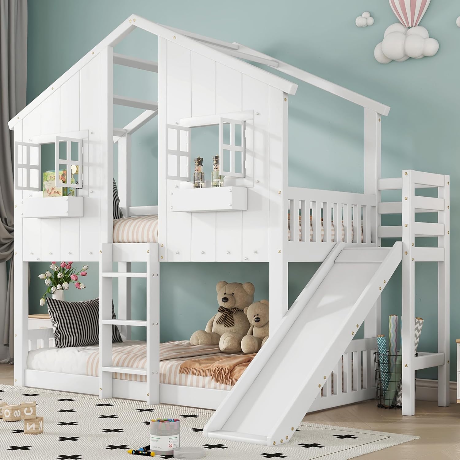 Kinderbett Etagenbett 90x200, Hochbett Hausbett für 2 Kinder, Stockbett mit Rutsche&Leiter&Fenstern&Dach&Aufbewahrungsbox, Doppelbett Holzbett mit Lattenrost&Rausfallschutz, Kiefer, Ohne Matratze,Weiß