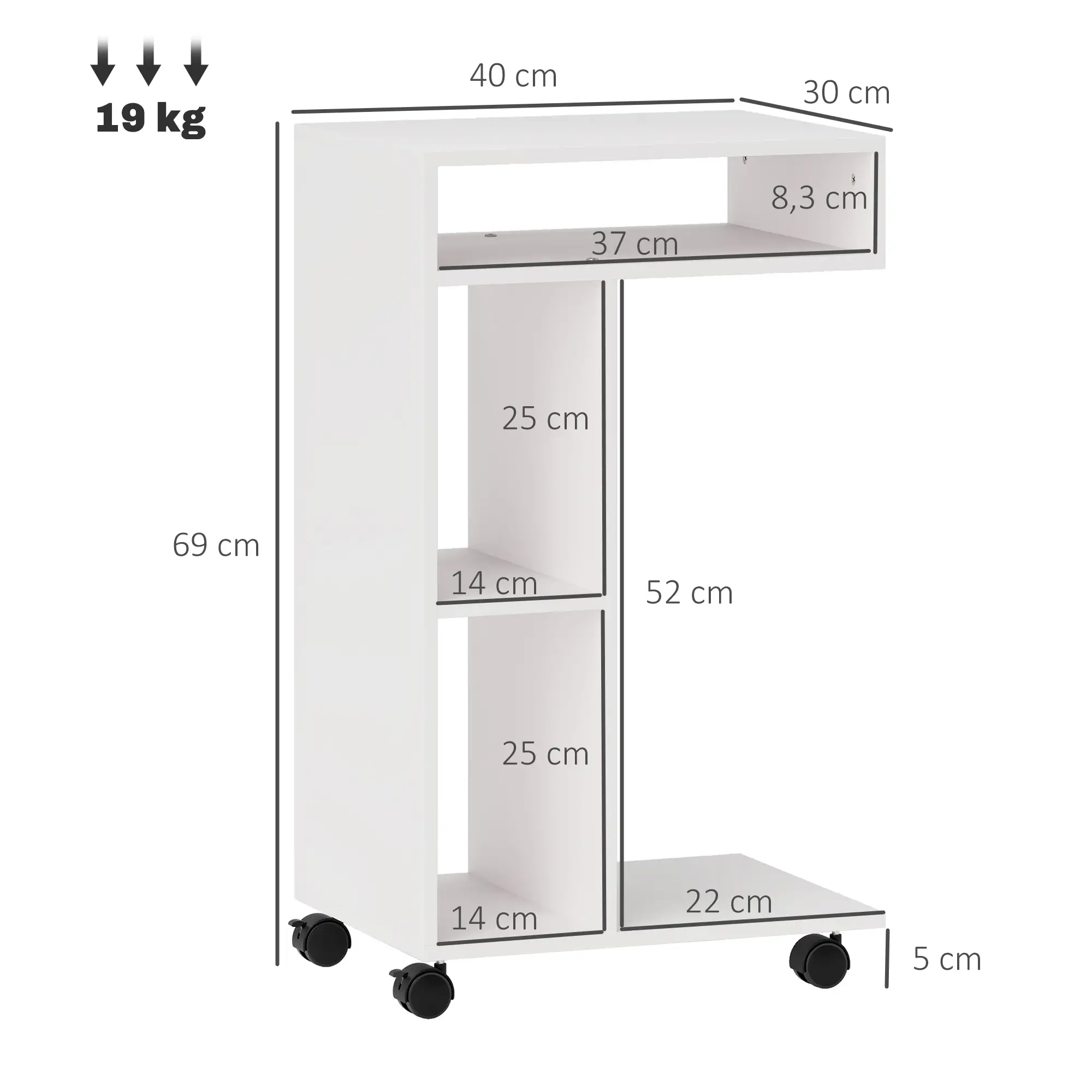 HOMCOM Bijzettafel C-vorm met wielen en planken Wit