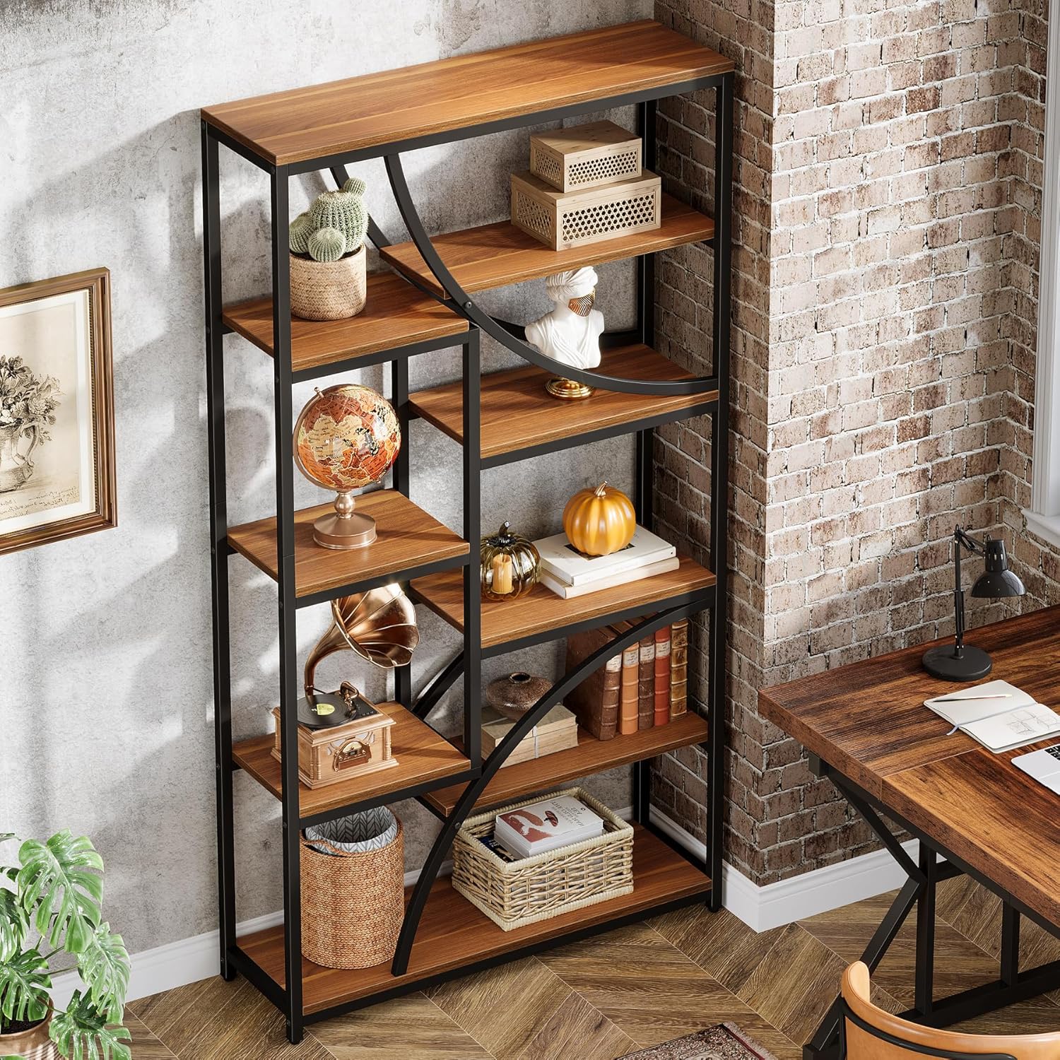 Tribesigns Bücherregal, 180 cm Regal mit 9 Ebenen, Großer Geometrischer Bücherschrank mit Offenen Fächern, Frei Stehendes Holz- & Metall Standregal für Wohnzimmer, Industrie-Design, Braun & Schwarz