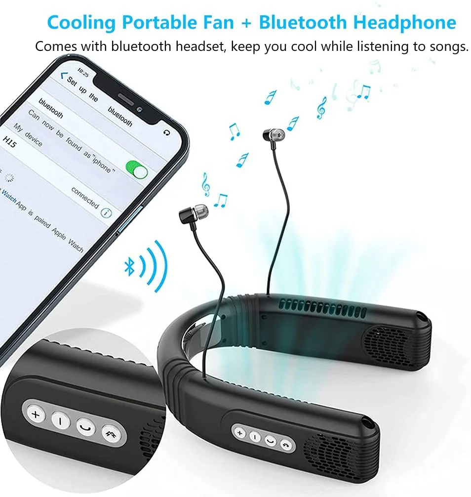 AQUYY Ventilador Silencioso de Cuello con Auriculares Inalámbricos Bluetooth, Recargable por USB, Sin Aspas, Mini Enfriador Portátil de Semiconductores con 3 Velocidades, Manos Libres, para Correr, Acampar, Viajar – Verde (para Mujeres y Hombres)