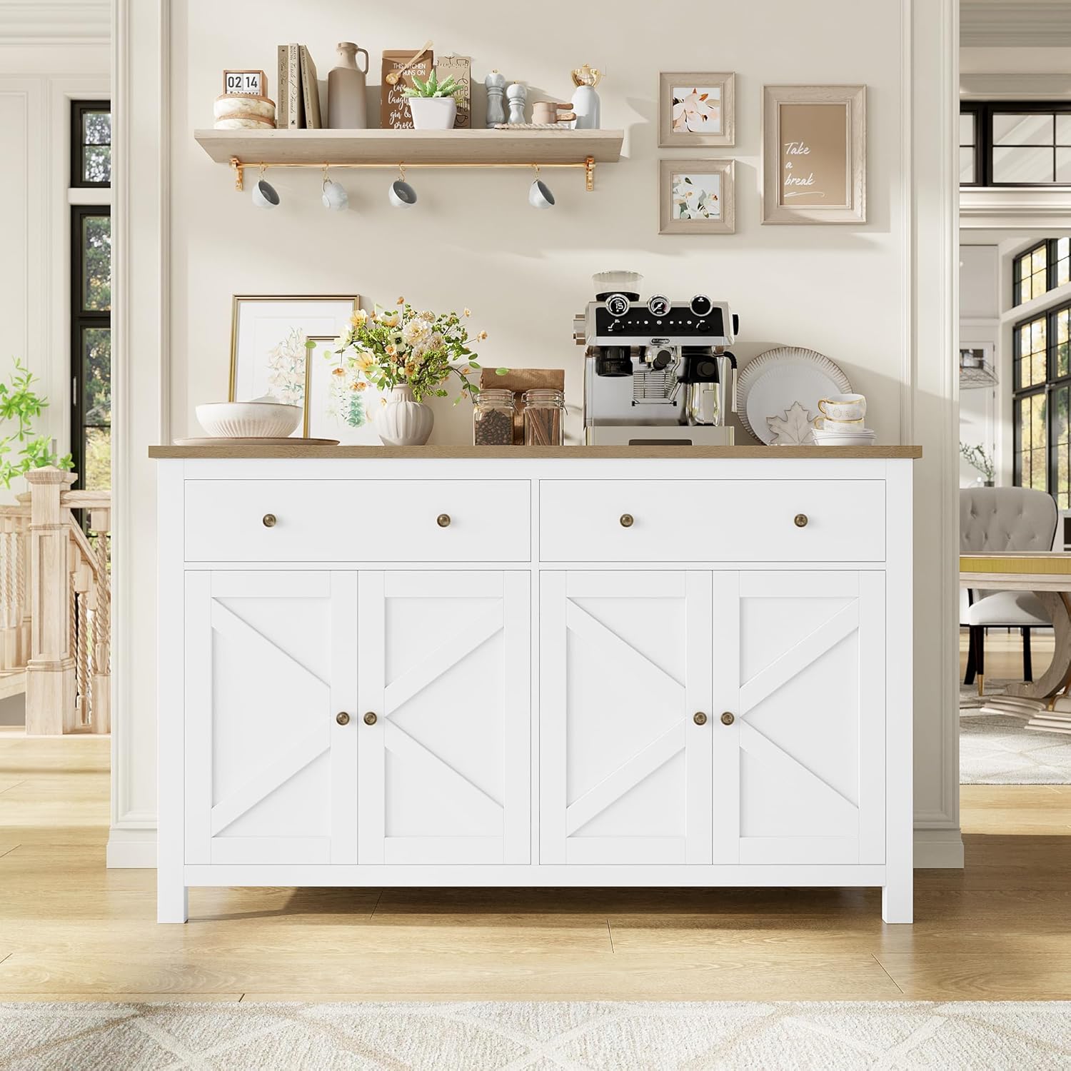 FirFurd Sideboard 140cm Breit Küchenschrank mit Arbeitsplatte Buffetschrank mit 2 Schubladen 4 Türen Küchenbuffet mit verstellbaren Ablagen für Wohnzimmer Küche Esszimmer 140x40x89 cm weiß