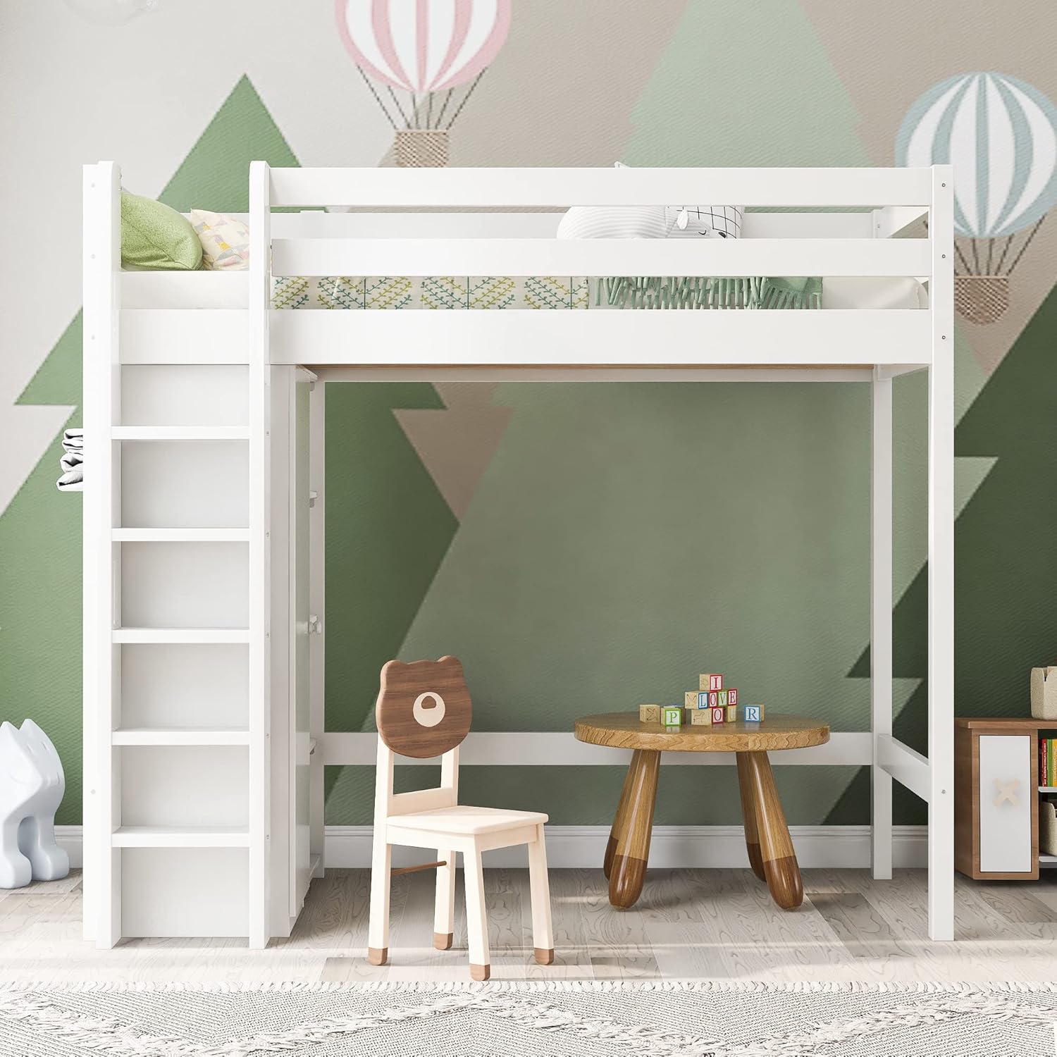 Hochbett Kinderbett 90x200 cm mit Kleiderschrank, Etagenbett Bett mit Stauraum Regalen, Einzelbett mit Leiter und Rausfallschutz, Jugendbett mit Lattenrost, Ohne Matratze, Weiß