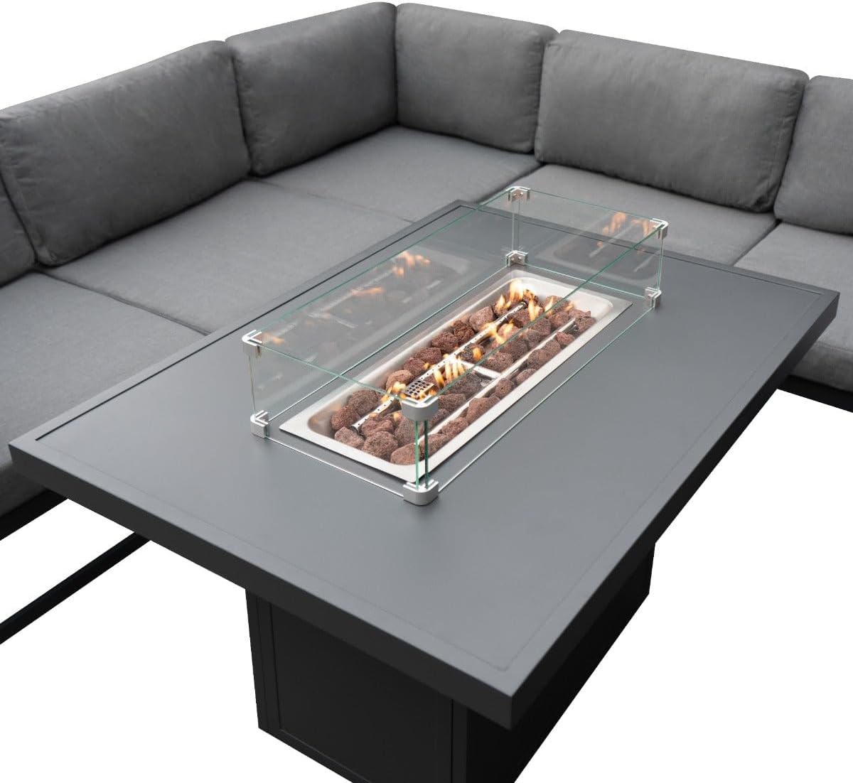 Modulares Gartenlounge-Set Groß Grau 8-Sitzer U-Form Sofa mit Kissen, Tisch & Gasfeuerstelle 9-teiliges Aluminium-Gartenmöbelset für draußen Eckset Terrasse Balkon [inkl. Wasserdichte Regenabdeckung]