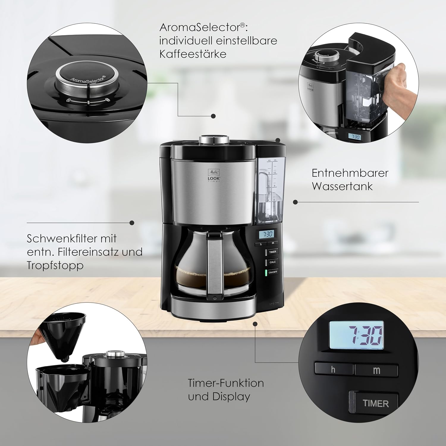 Melitta Look Timer - Filterkaffeemaschine - Thermokanne - Timer Funktion - Tropfstopp - 10 Tassen - Schwarz (1025-18)