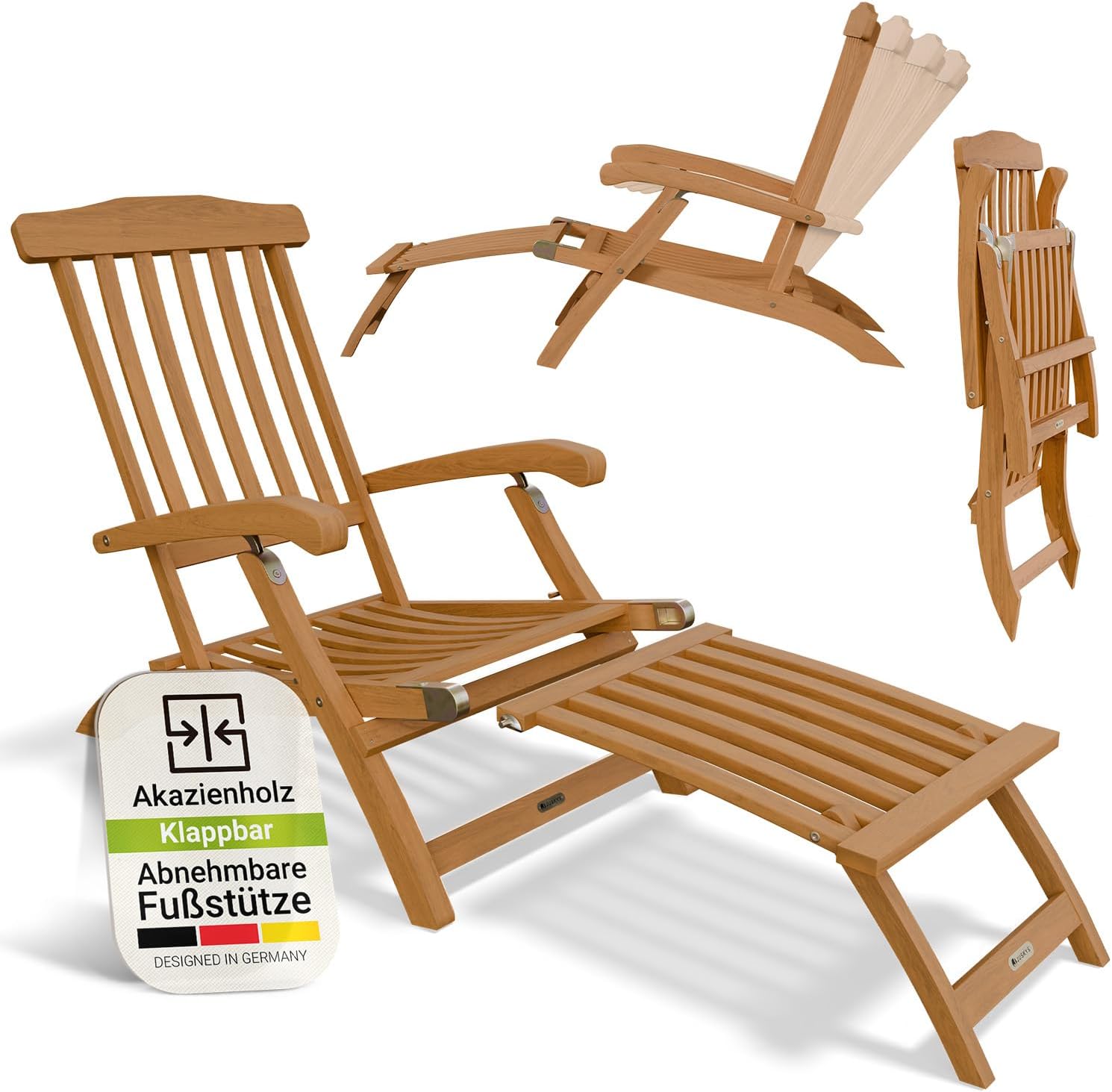 Juskys® Sonnenliege Evia - klappbar für Garten & Terrasse, geöltes Akazienholz für natürliche Optik & langlebige Nutzung, 196x54x95 cm in Natur