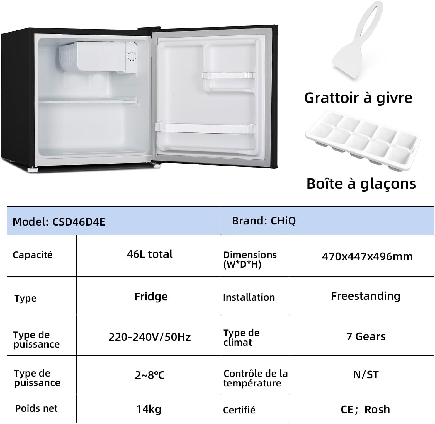 CHIQ CSD46D4E Mini Réfrigérateur 46L, 47x44,7 cm, Compact et Silencieux, Porte-bouteilles intégré, Thermostat réglable, Design moderne Noir, Idéal Chambre, Bureau, Cuisine, Salon