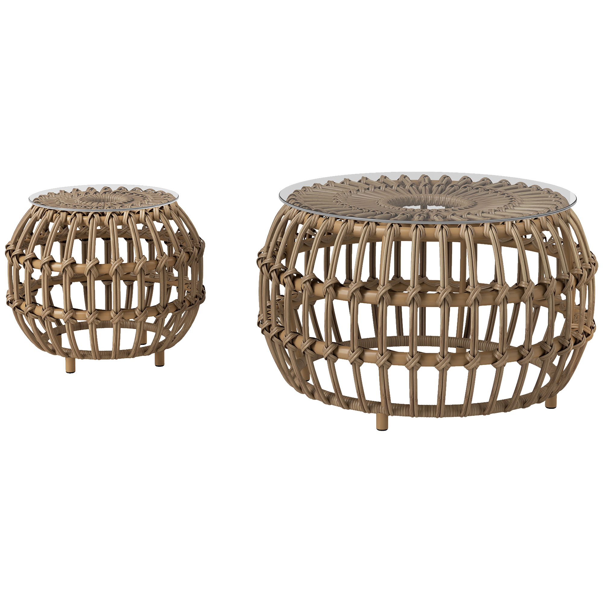 Outsunny 2-delige Set Bijzettafels Polyrattan ?66/42 cm Rond Weerbestendig met Glazen Blad - Bruin