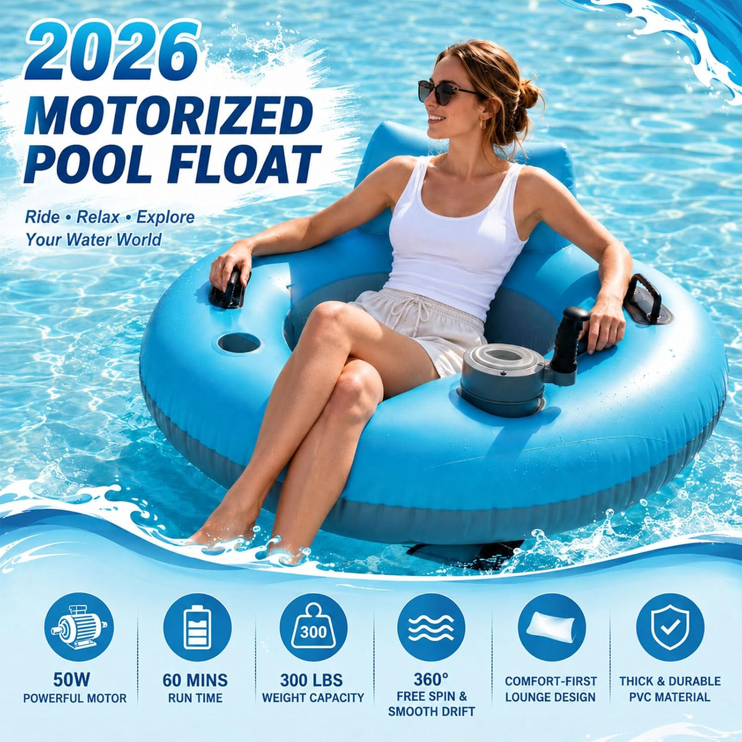 Elektrisch Aufblasbare Poolliege Mit 50-W-Motor, Elektrischer Schwimmstuhl/Flut, 360° Drehbar, Aus PVC, In 3 Minuten Aufgeblasen, Für Pool, See, Meer Und Wasserpark