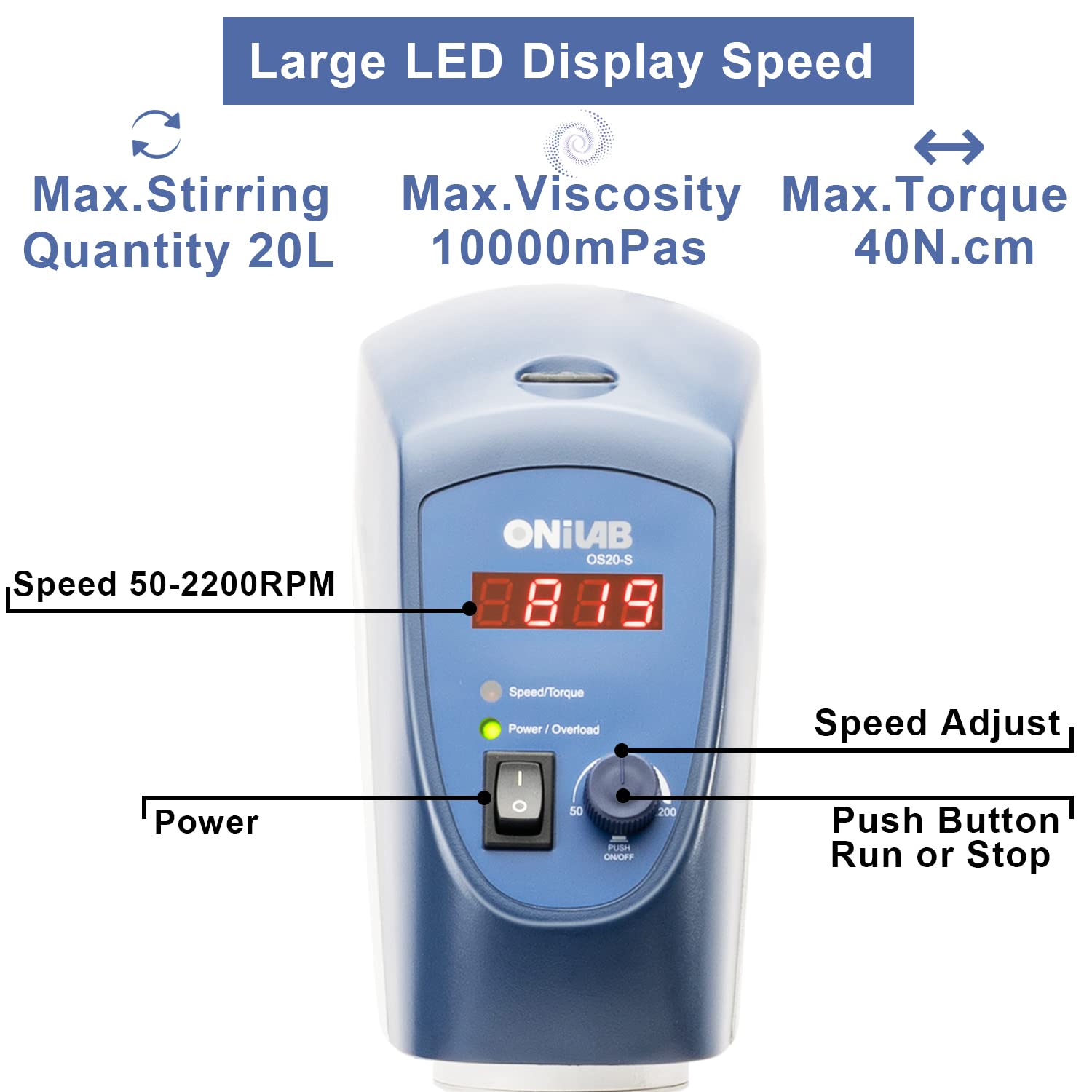 ONiLAB Elektrischer Overhead Rührer, LED Digital Overhead Rührer Mixer mit Rührstab, 20L,10000 mPas, 50~2200RPM, Aluminiumlegierung (Stand enthalten)