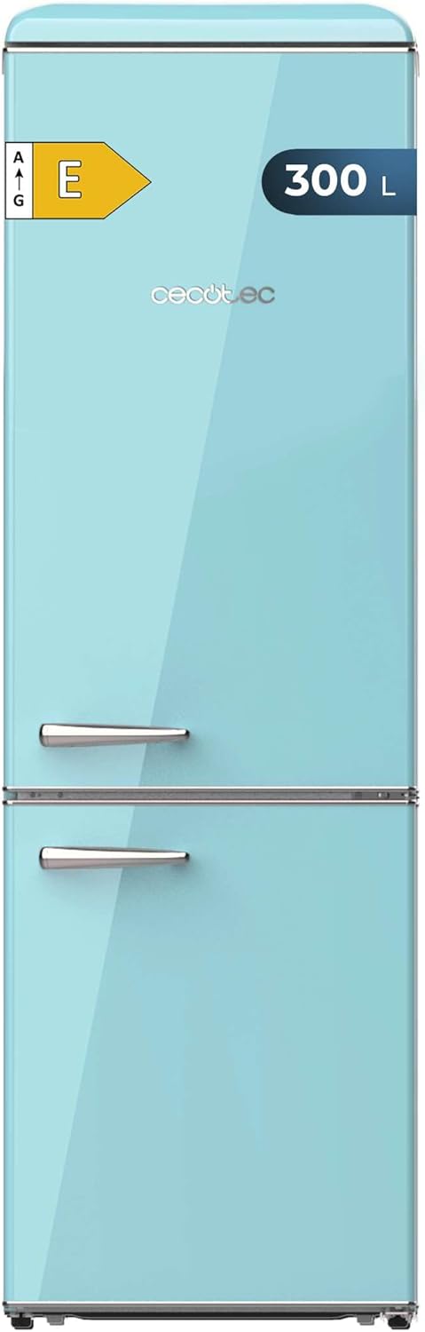 Cecotec Réfrigérateur Combiné Rétro 300L Bolero CoolMarket Combi Origin 300 Bleu E, Classe E, LED Intérieur, Crisper Box, Contrôle de Température, Poignée Chromée et Tablettes en Verre.