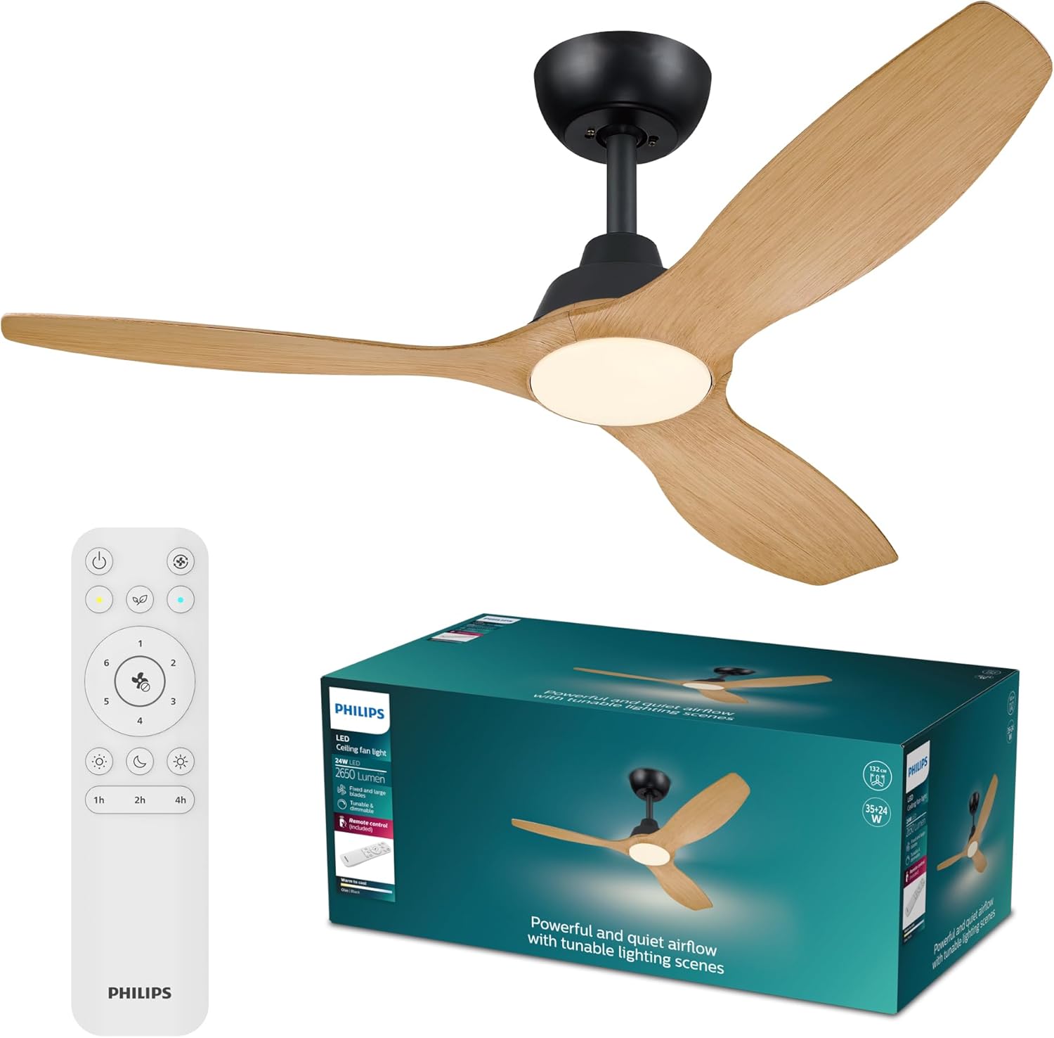 Olas Deckenventilator mit LED-Leuchte, 3 Flügel, 132 cm Durchmesser, 2650 Lumen, einstellbares weißes Licht von 3000 K bis 6500 K, dimmbar auf 5%, inklusive Fernbedienung, schwarz/Holz