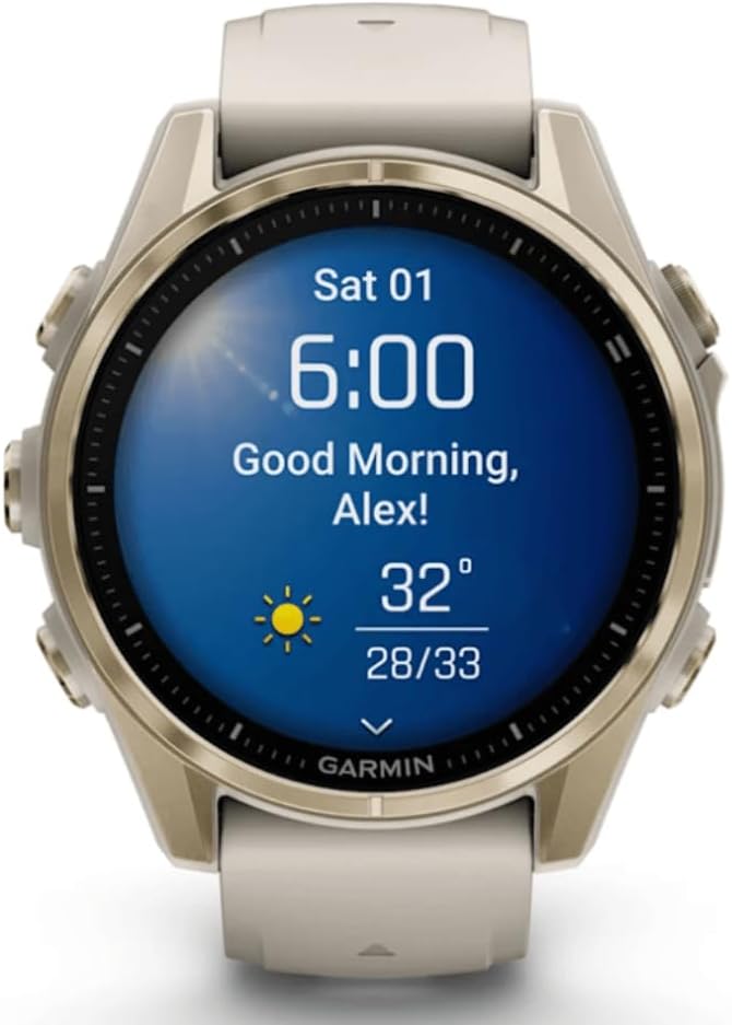 Fenix 8–43 mm, AMOLED, Saphir, weiches Gold mit Nebelgrau/Dunkelsandstein, Silikonband