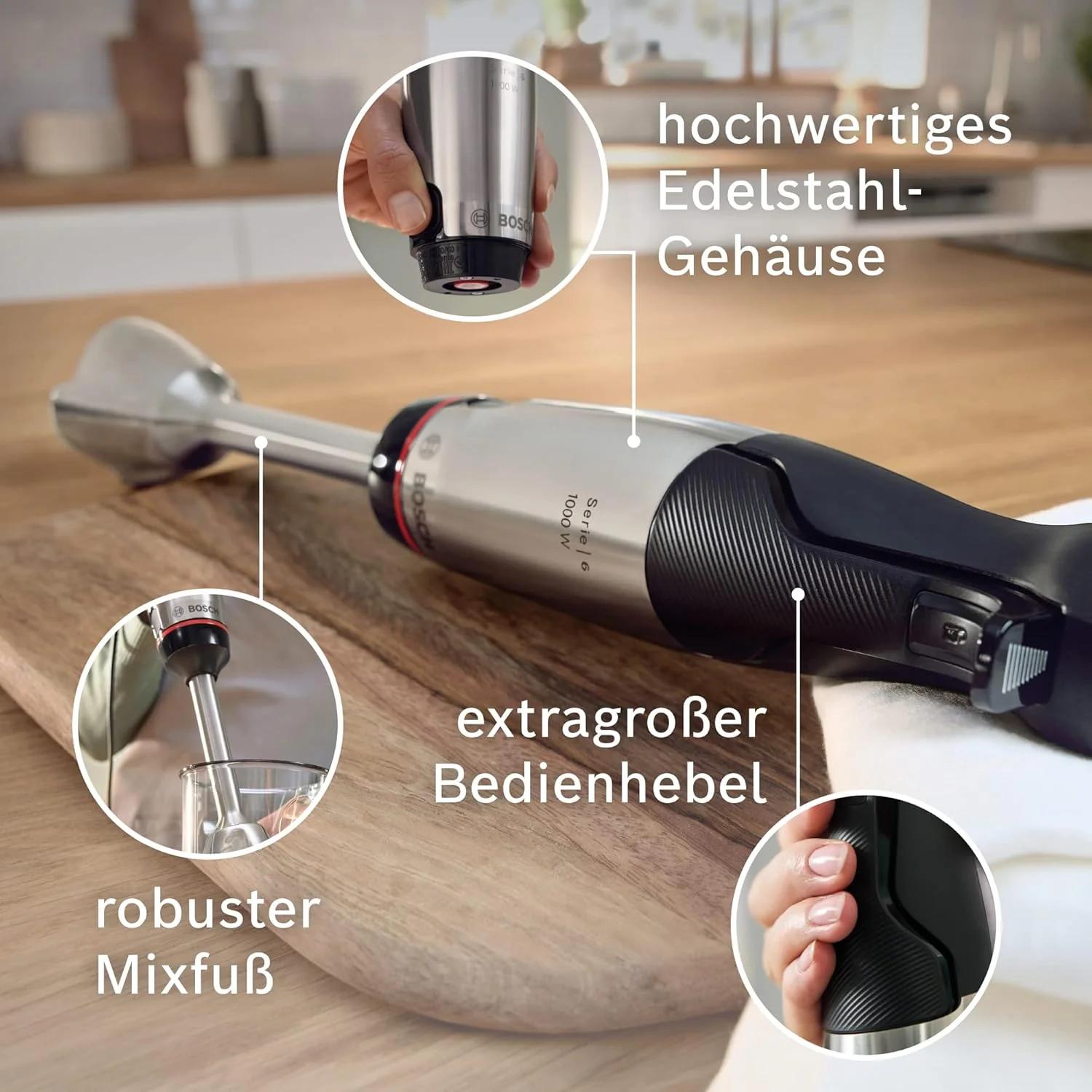 Bosch staafmixer ErgoMaster Serie 6 MSM6M673, 10 jaar motorgarantie, roestvrijstalen messen, slijtagevrije keramische koppeling, luchtkoeling, hakmolen, pureerstamper, garde, 1000 W