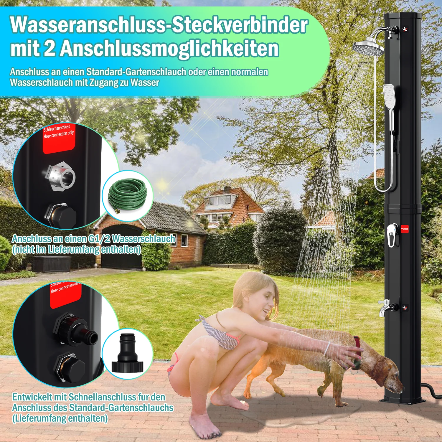 Sonnewelt 60L Solardusche Gartendusche Inkl. Schutzhaube und Handbrause