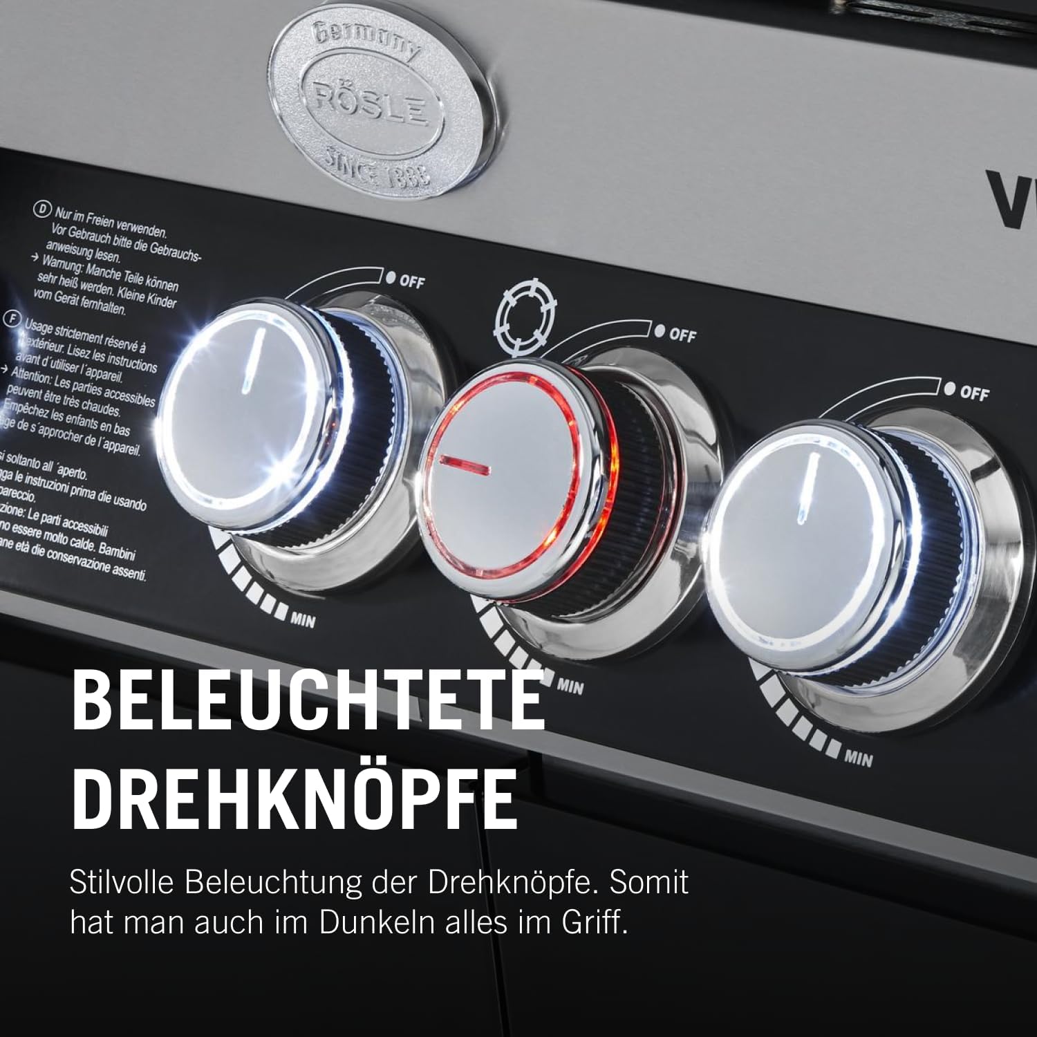 RÖSLE Elektrogrill BBQ-Portable Videro E2-P, tragbarer Tischgrill mit 2 Brennern, Warmhalterost und Deckel mit Glaseinsatz, pulverbeschichteter Stahl, schwarz/silbern