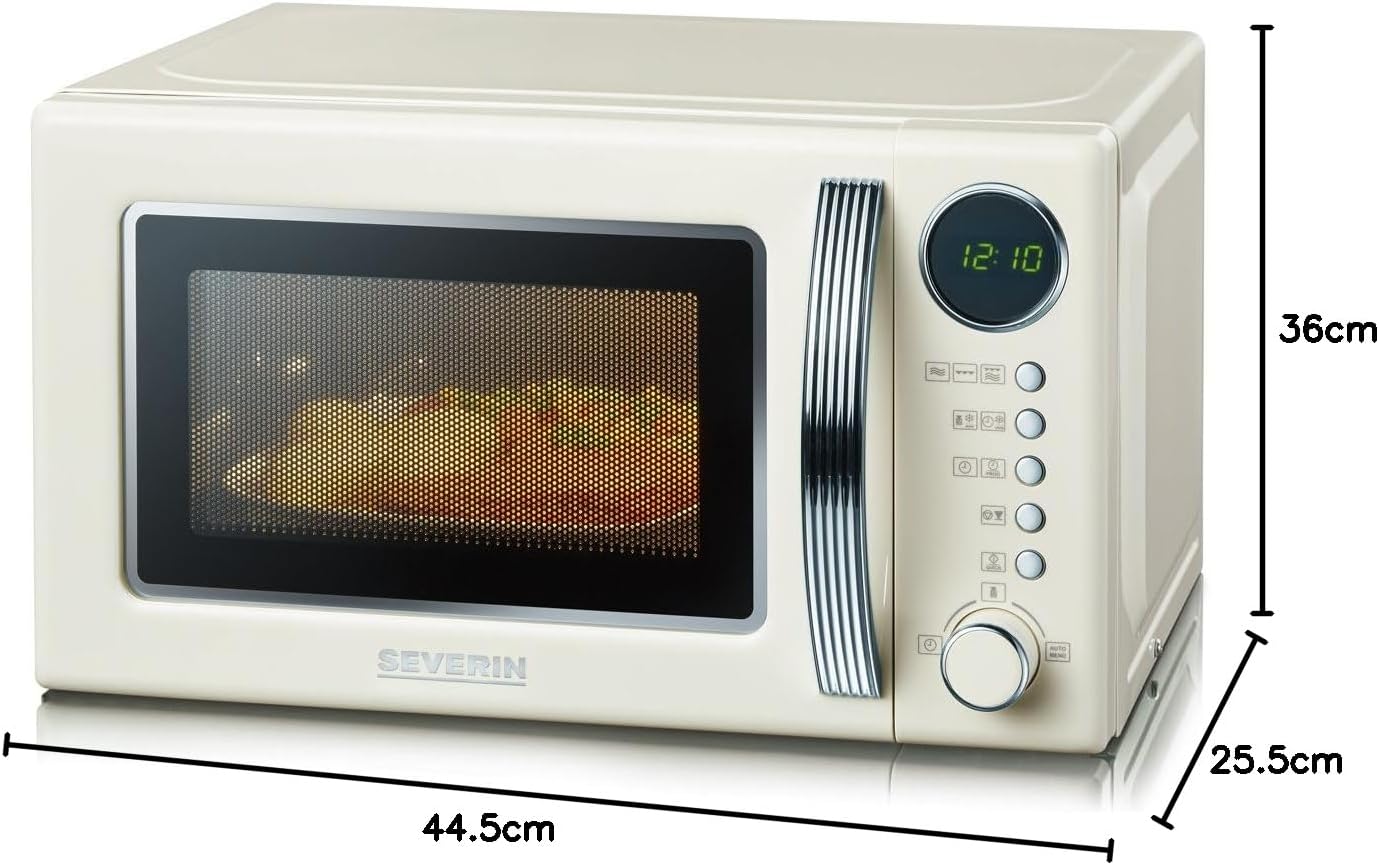 SEVERIN 2-in-1 Retromagnetron met grillfunctie, grilloven met 5 vermogensniveaus en 8 automatische programma's, hoogwaardige magnetron met grill, ca. 700 W, cr��me / chroom, MW 7892