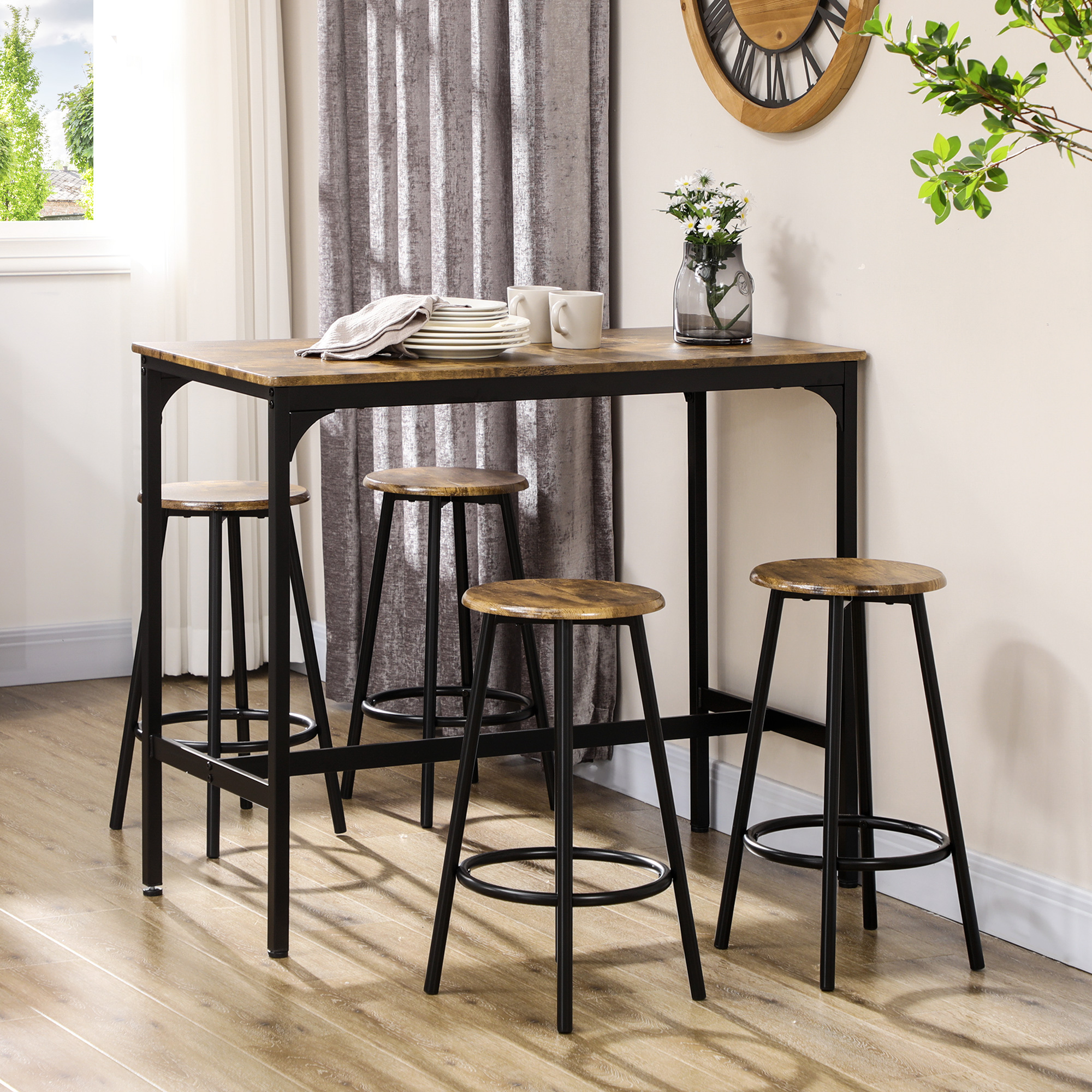 5-delig. Bartafelset met industrieel design, 1 bartafel, 4 barkrukken, bankstel, aanrecht, zwart+bruin