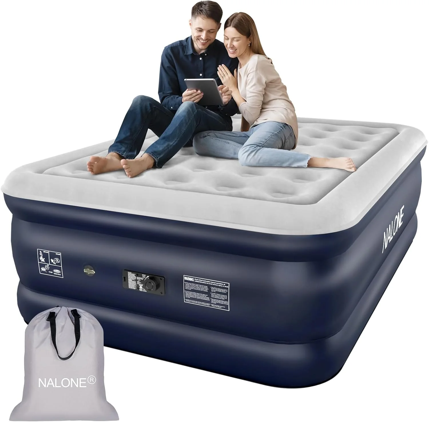 Colchón Inflable NALONE, Cama Inflable con Bomba Incorporada, Inflado en Solo 3 Minutos, para Invitados o Uso en Casa, 203 x 152 x 46 cm, Peso Máximo 310 kg, Cama Doble