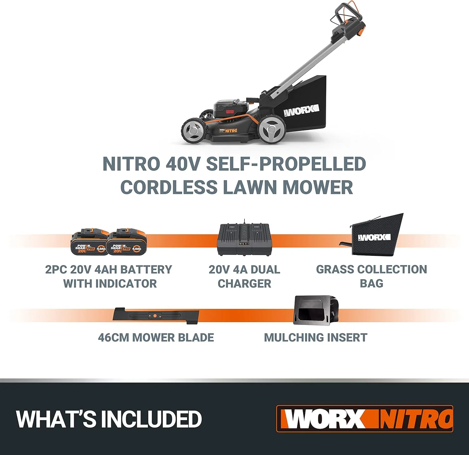 Worx Nitro 34 cm Accu grasmaaier, Elektrische grasmaaier, WG779E, 40 V PowerShare PRO 2 ST. 2,5 Ah Accu (Accu's & Oplader inbegrepen)