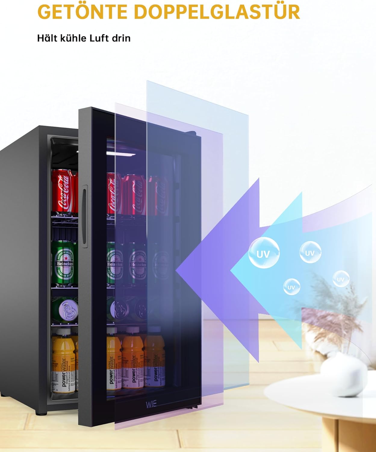 WIE Mini Kühlschrank Getränkekühlschrank 70 Liter mit Doppelte Glastür mit Verstellbaren Ablagen Indoor Outdoor Klein Bierkühlschrank Leise 105 Dosen für Soda/Bier/Wine für Zuhause/Küche/Bar/Büro