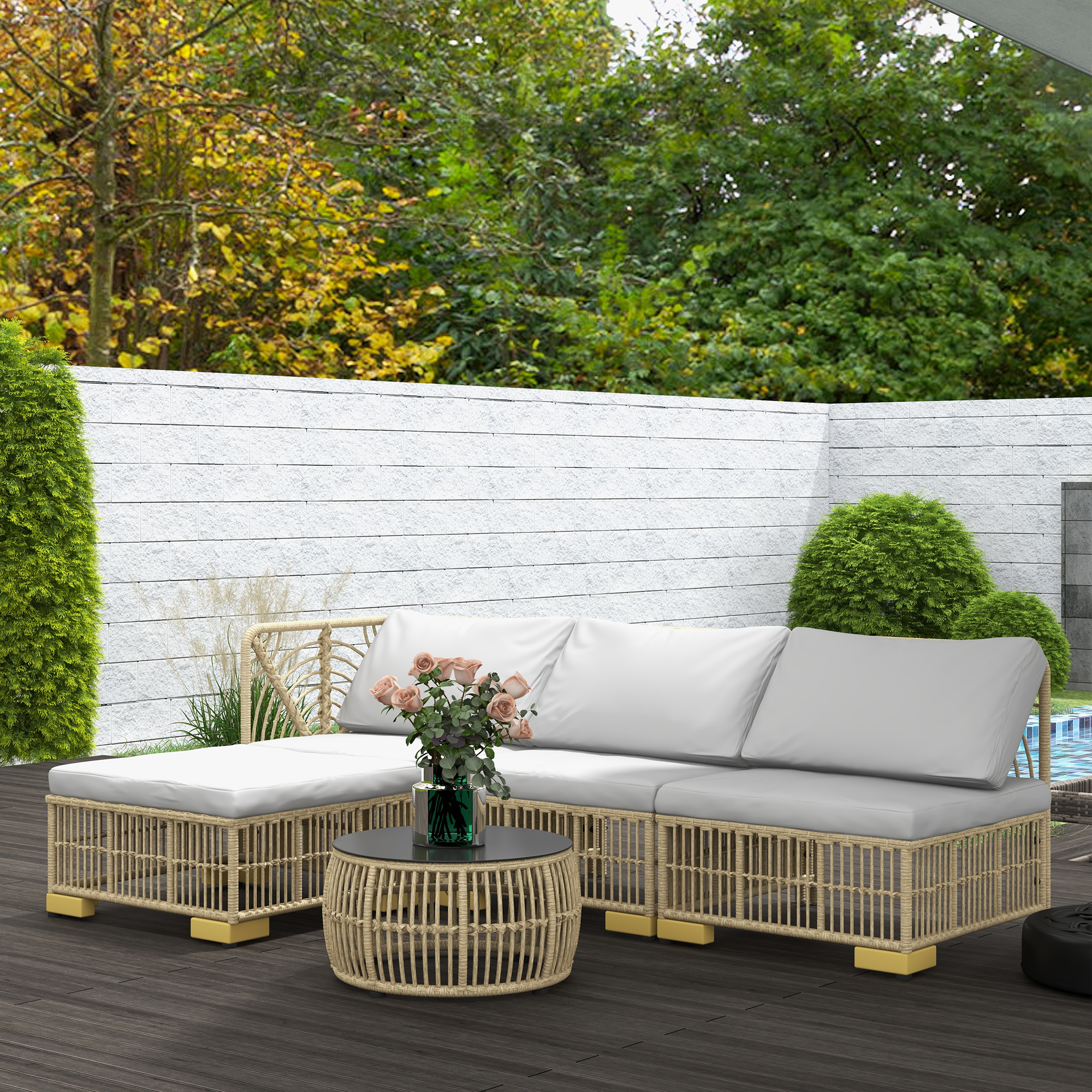 Outsunny Tuinset, 5-delig, inclusief zitkussen, kunstrotan, roestvrijstalen frame, lichtgrijs