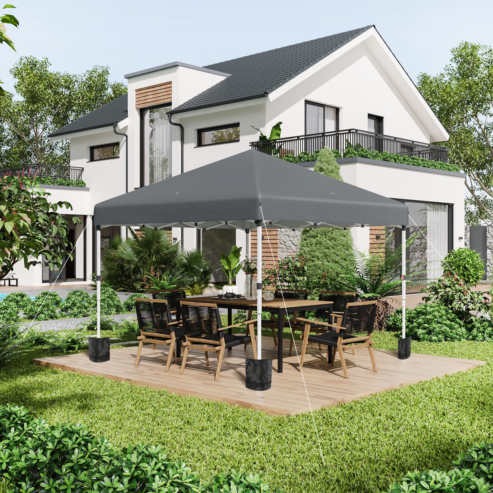Opvouwbare paviljoen met 2 zijwanden, verstelbare hoogte, inclusief draagtas, roestvrij stalen frame, 3x3 m, Donkergrijs