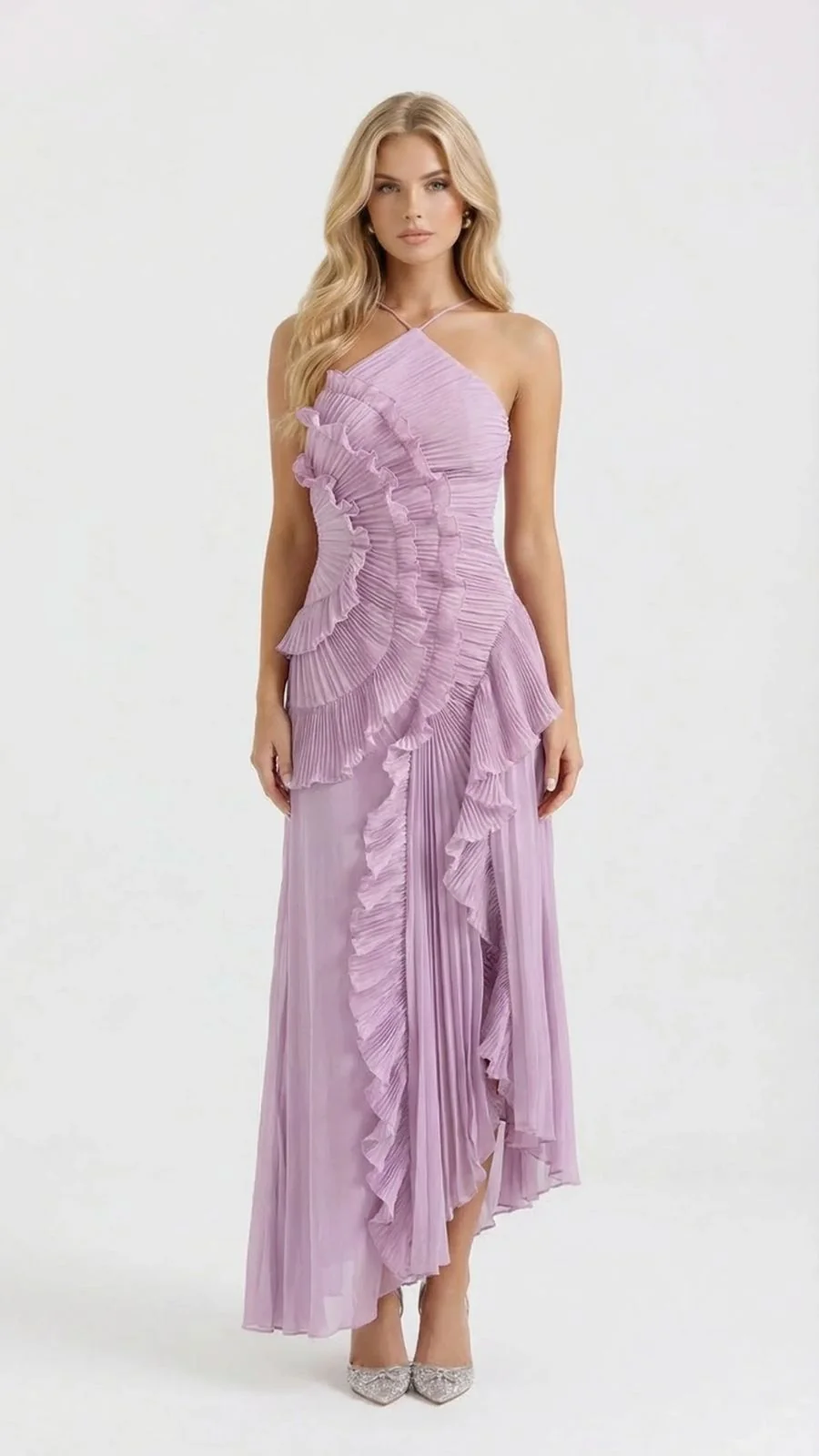 Maxikleid mit R��schen und Plissee-Rock | Asymmetrisches Neckholder Kleid f��r festliche Anl?sse mit Beinschlitz und Schn��rung