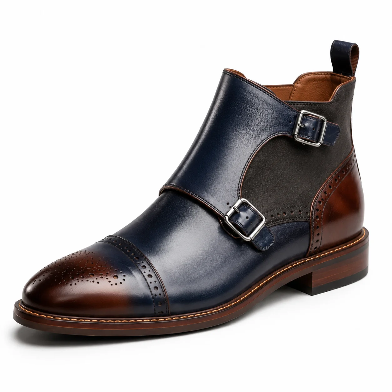 Men��s Navy Blue Double Monk Strap Boots �C Brogue Cap Toe Design