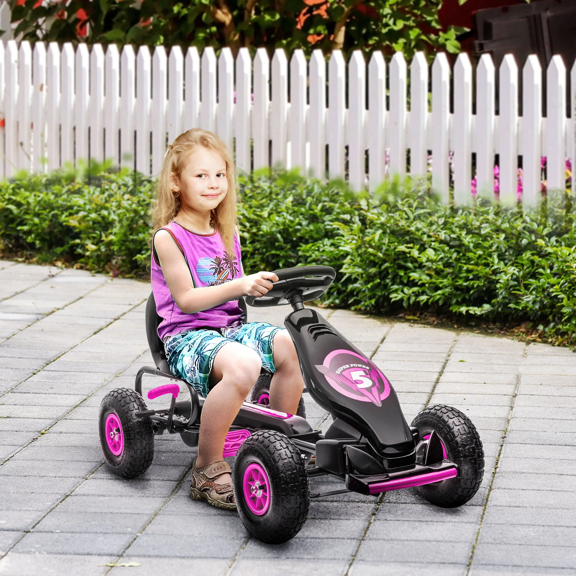 HOMCOM Kinder-Skelter, met Pedalen, Verstelbare Stoel, Geschikt voor Binnen en Buiten, vanaf 5 Jaar, Roze, 121 x 58 x 61 cm