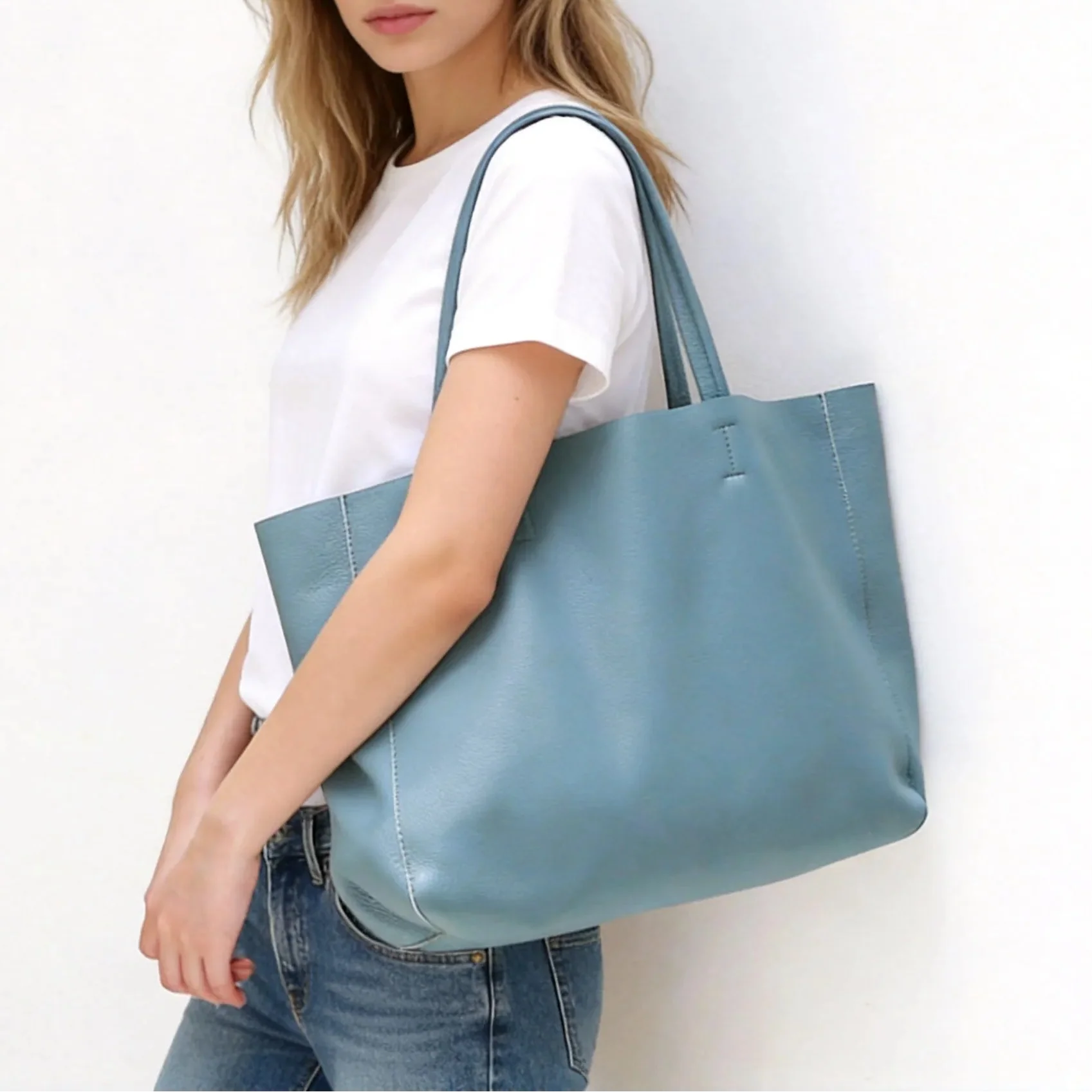Minimalist Sky Blue Leather Tote Bag