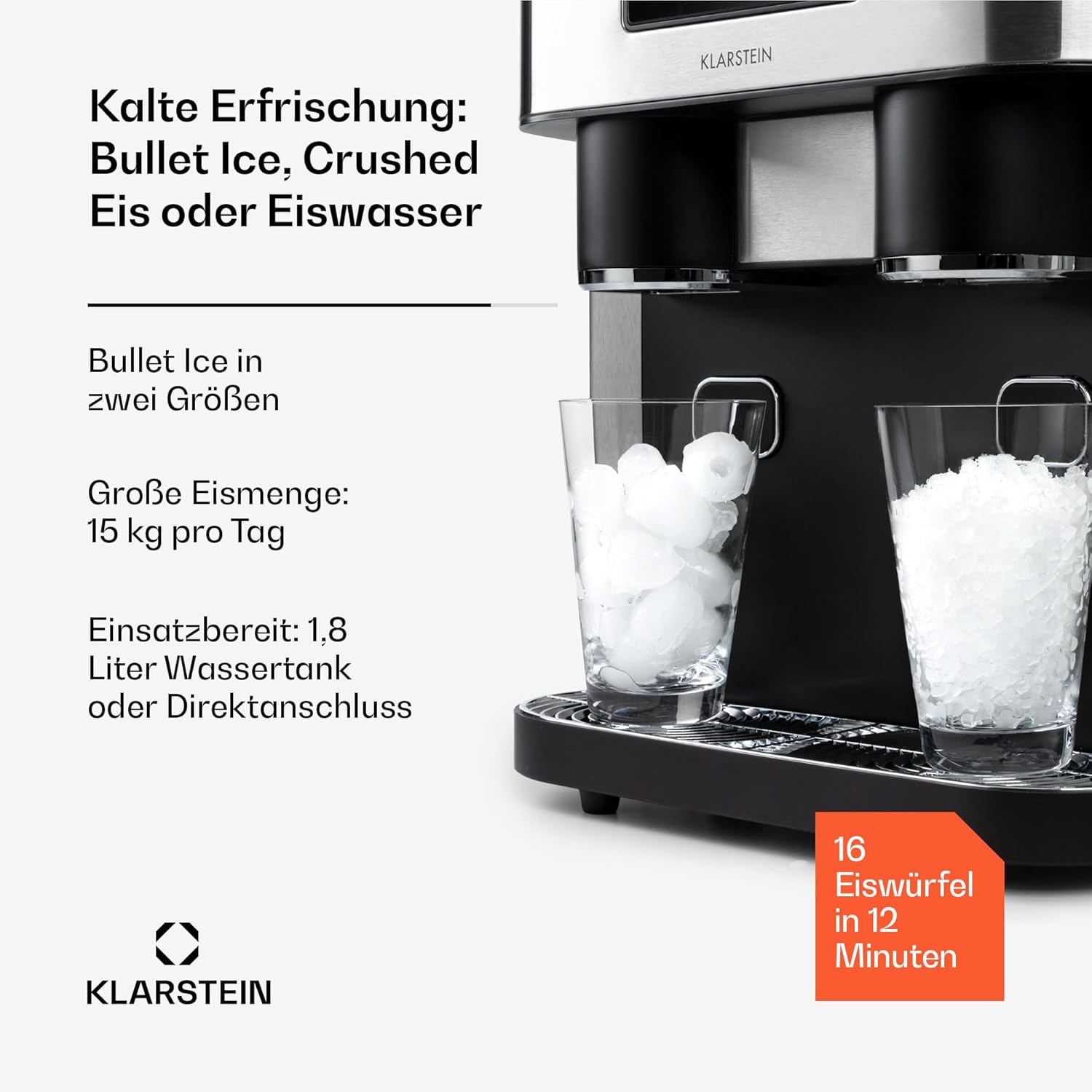 Klarstein Eiswürfelmaschine Klein, 1,8L Eiswürfelbereiter, Mini-Eiswürfelmaschine für Crushed und Bullet-Eis, Leichte Reinigung, Eiswürfelbereiter für 15kg/24h