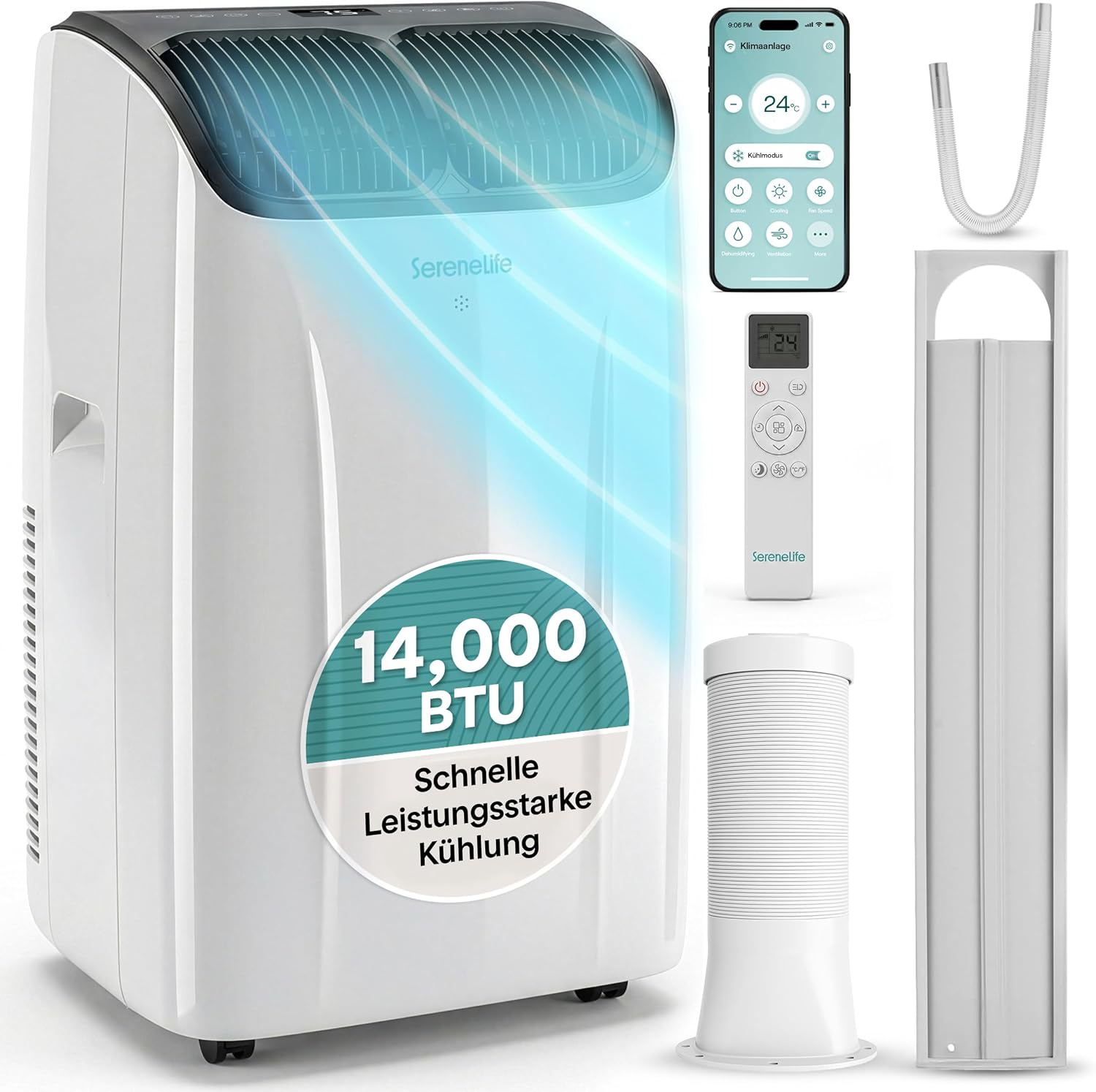 SereneLife Klimaanlage Mobil 14000 BTU – Kleine Klimaanlage für Zimmer bis 33 m² | WiFi | Kühlung, Entfeuchter & Ventilator | 51 dB
