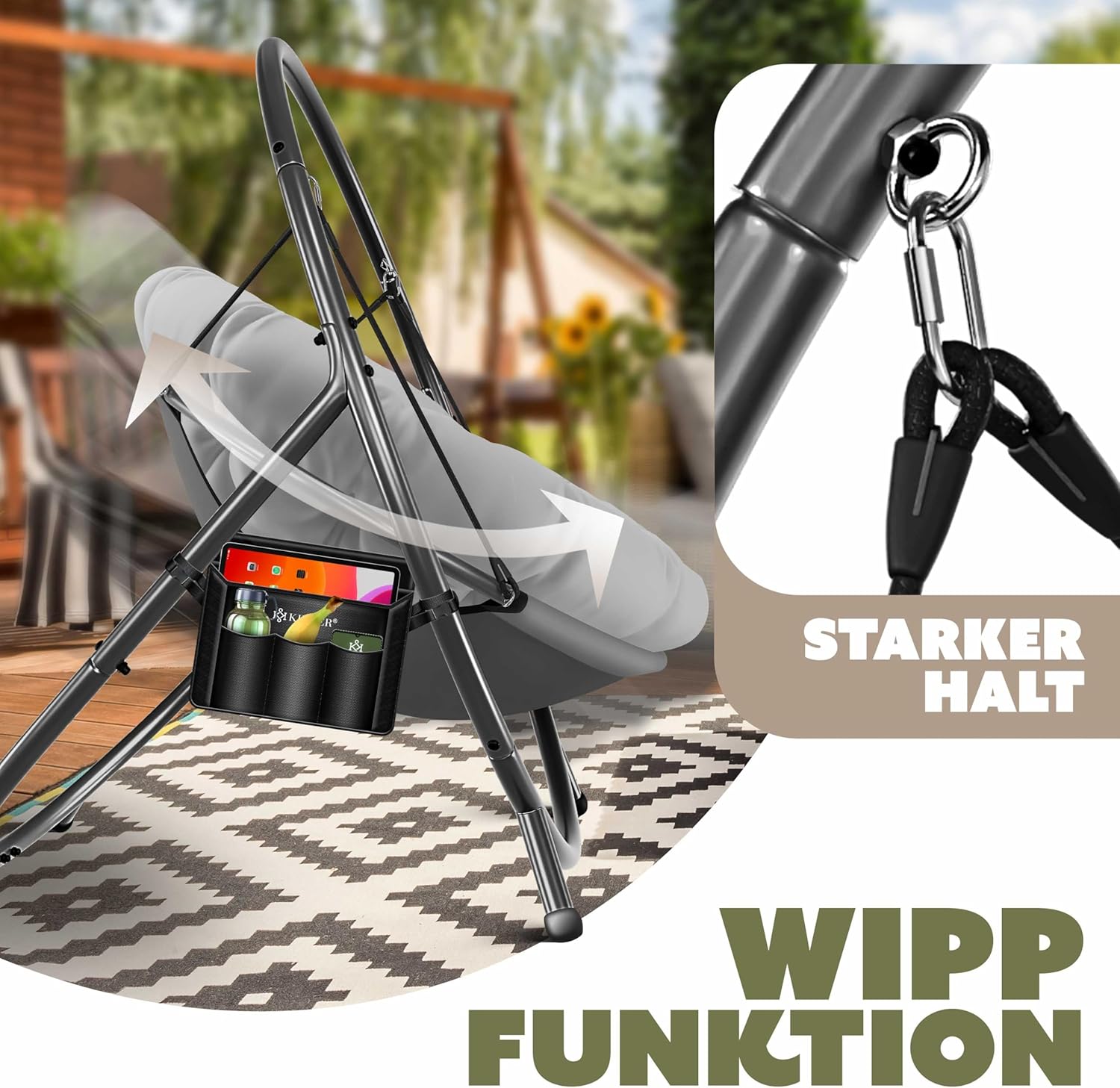 KESSER® Hängesessel mit Gestell Bali Hängeschaukel Hängestuhl bis 150kg für Indoor und Outdoor + Kissen & Seitentasche Hängekorb Stahlgestell & Schaumstoff Sitzpolster