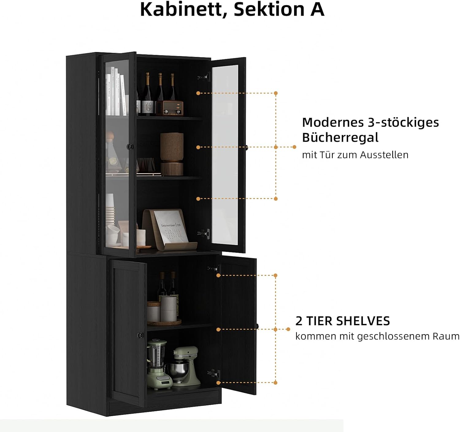 VOWNER 5-stöckiges Bücherregal mit Glastüren, 180 cm Vitrinenschrank, Küchenschränke, Küchenschrank Hochschrank, Buffetschrank für Küche, Wohnzimmer, Esszimmer, 4PCS (Schwarz)