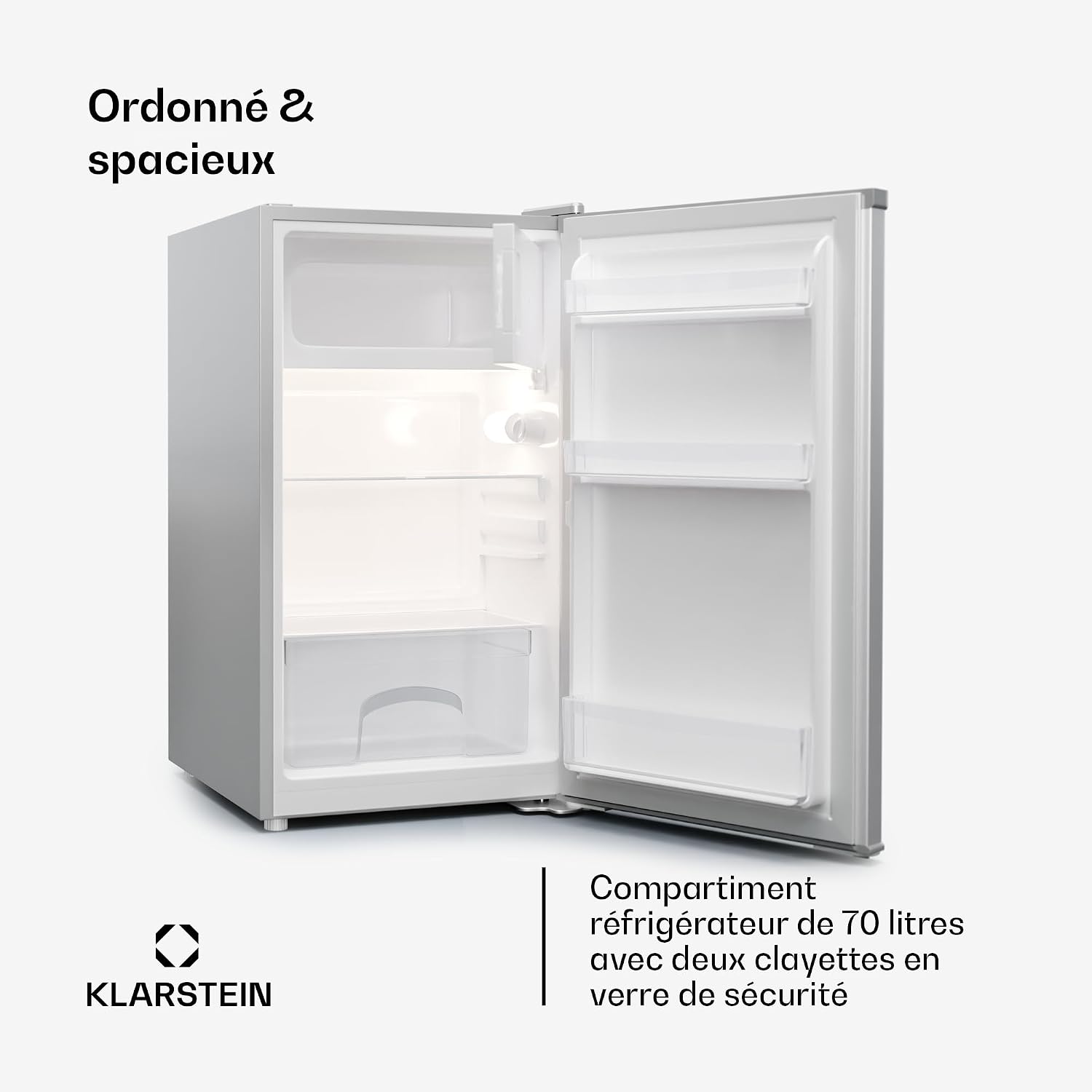 KLARSTEIN Mini Frigo de Chambre de 70L, Snacks, Boissons, Petit Frigo Top Silencieux, Mini Bar, Petit Réfrigérateur Camping, Mini Frigo Cosmetique, Refrigerateur avec Bac à Glaçons, 0-10°C