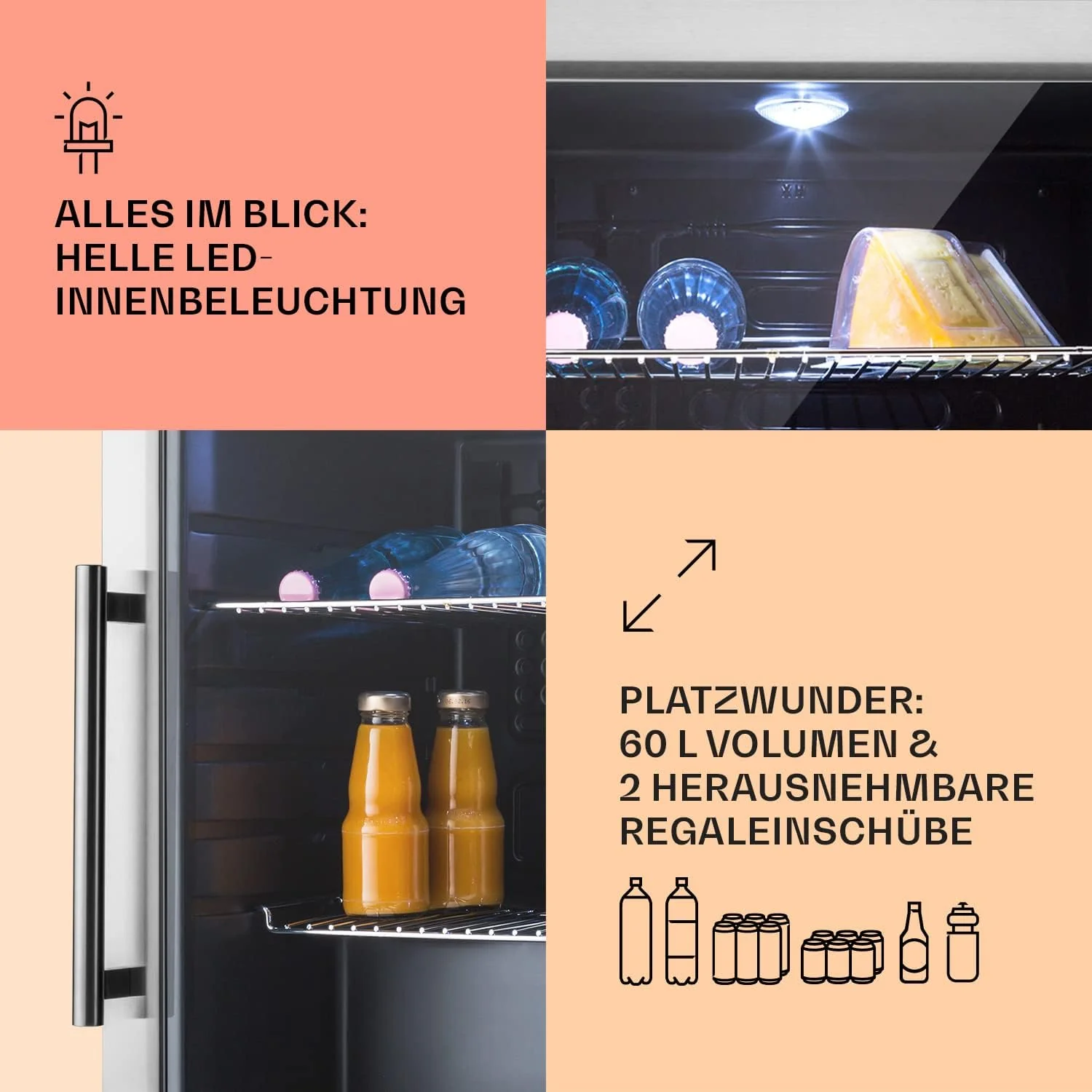 Klarstein Mini Koelkast met Glazen Deur voor Kamer, Drankenkoelkast met Verstelbare Planken, Klein 80 Liter, Indoor/Outdoor Koelkast Stil