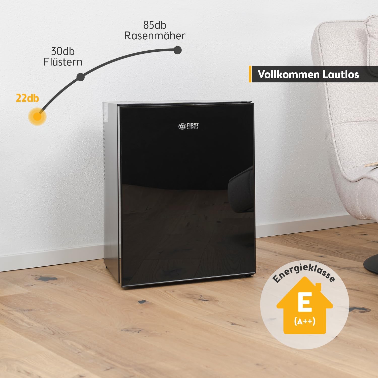 TZS First Austria - Mini Kühlschrank 40L lautlos - Kleiner Minikühlschrank wechselbarer Türanschlag & Innenbeleuchtung - Minibar für Camping, Büro, Schlafzimmer & Hotel - Glasfront