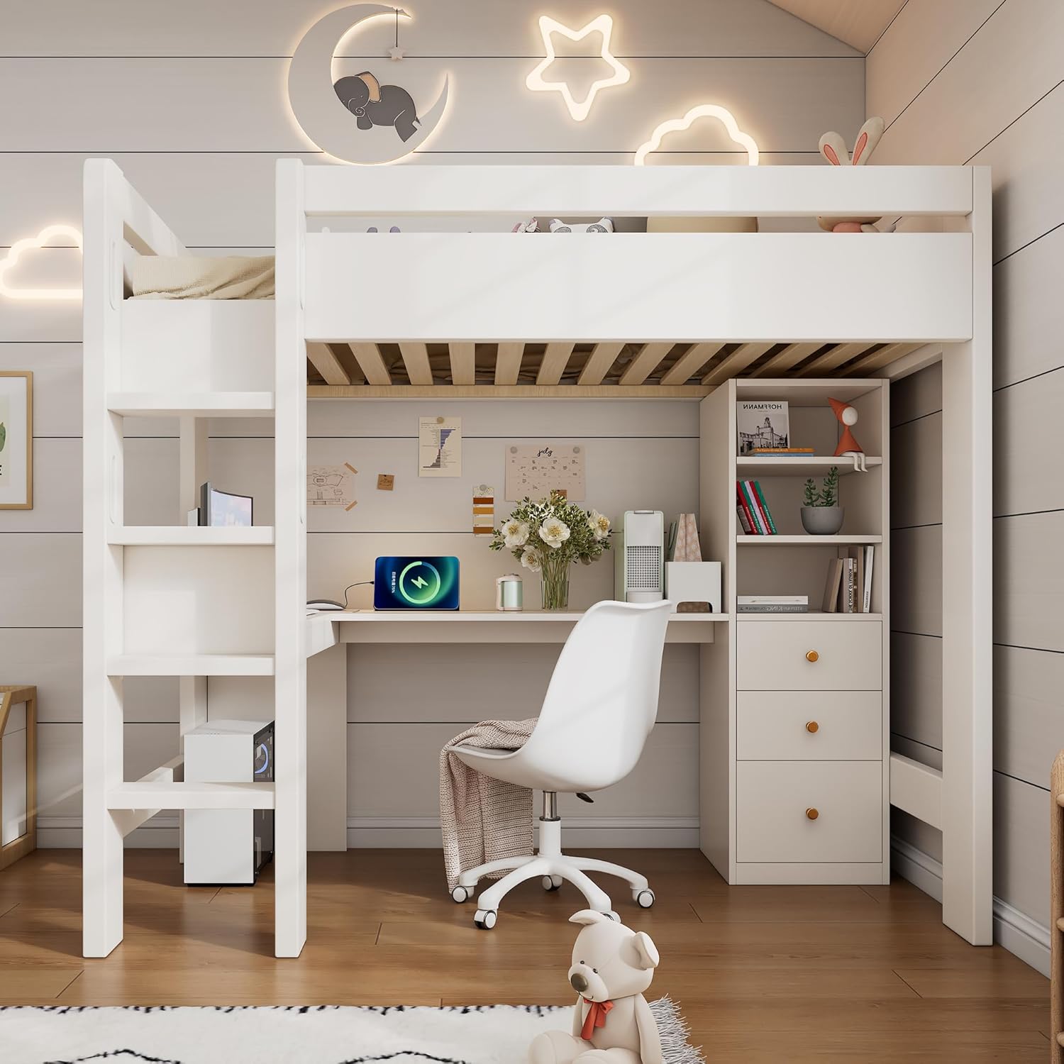 Hochbett Kinderbett 90×200 cm mit Schreibtisch und USB-C, Bett mit Regal und Schubladen Stauraum, Etagenbett mit Leiter, Holzbett mit Rausfallschutz und Lattenrost aus Holz, Weiß, Ohne Matratze